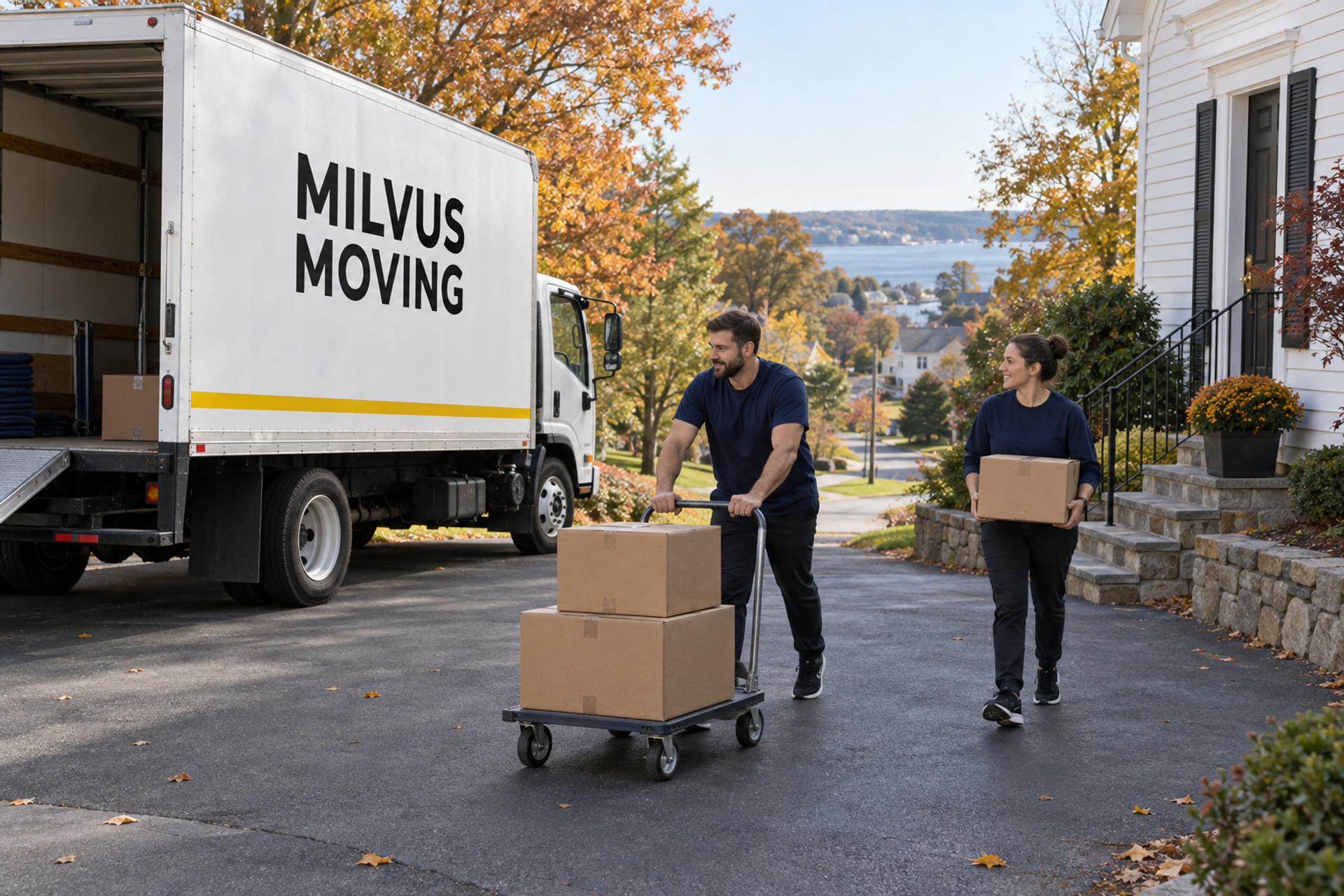 Movers moving cartons across a level loading area beside a house