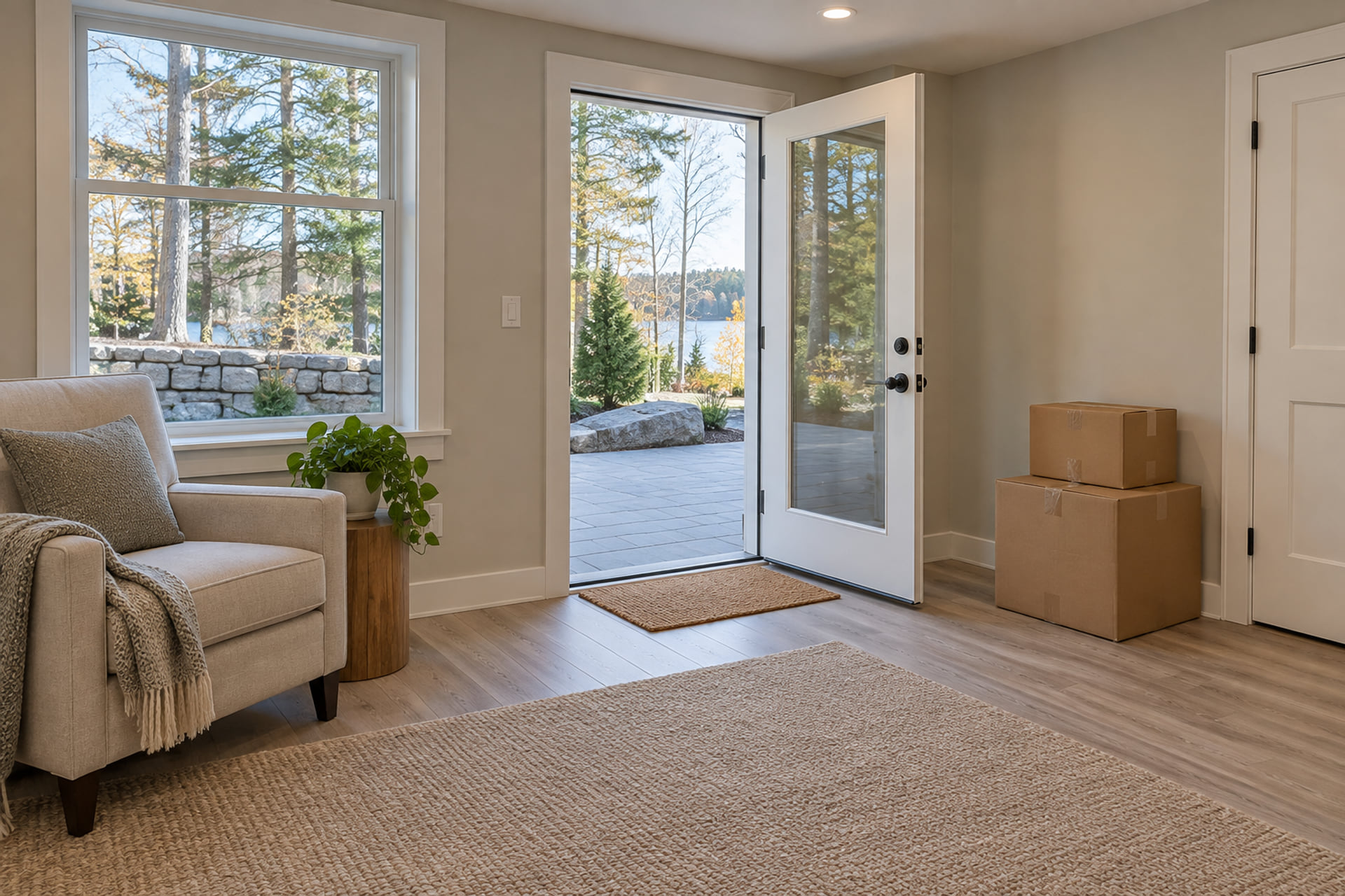 Lower-level room with furniture beside a clear walkout entrance