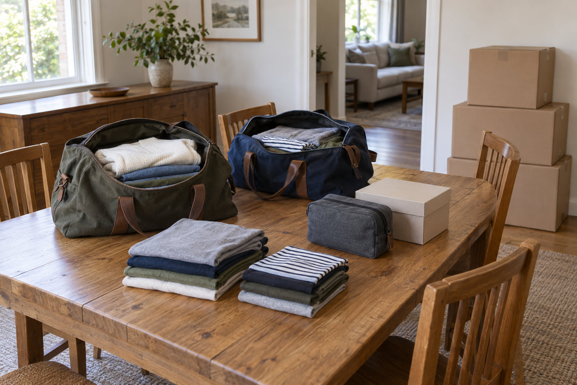 Overnight bags kept apart from sealed moving cartons