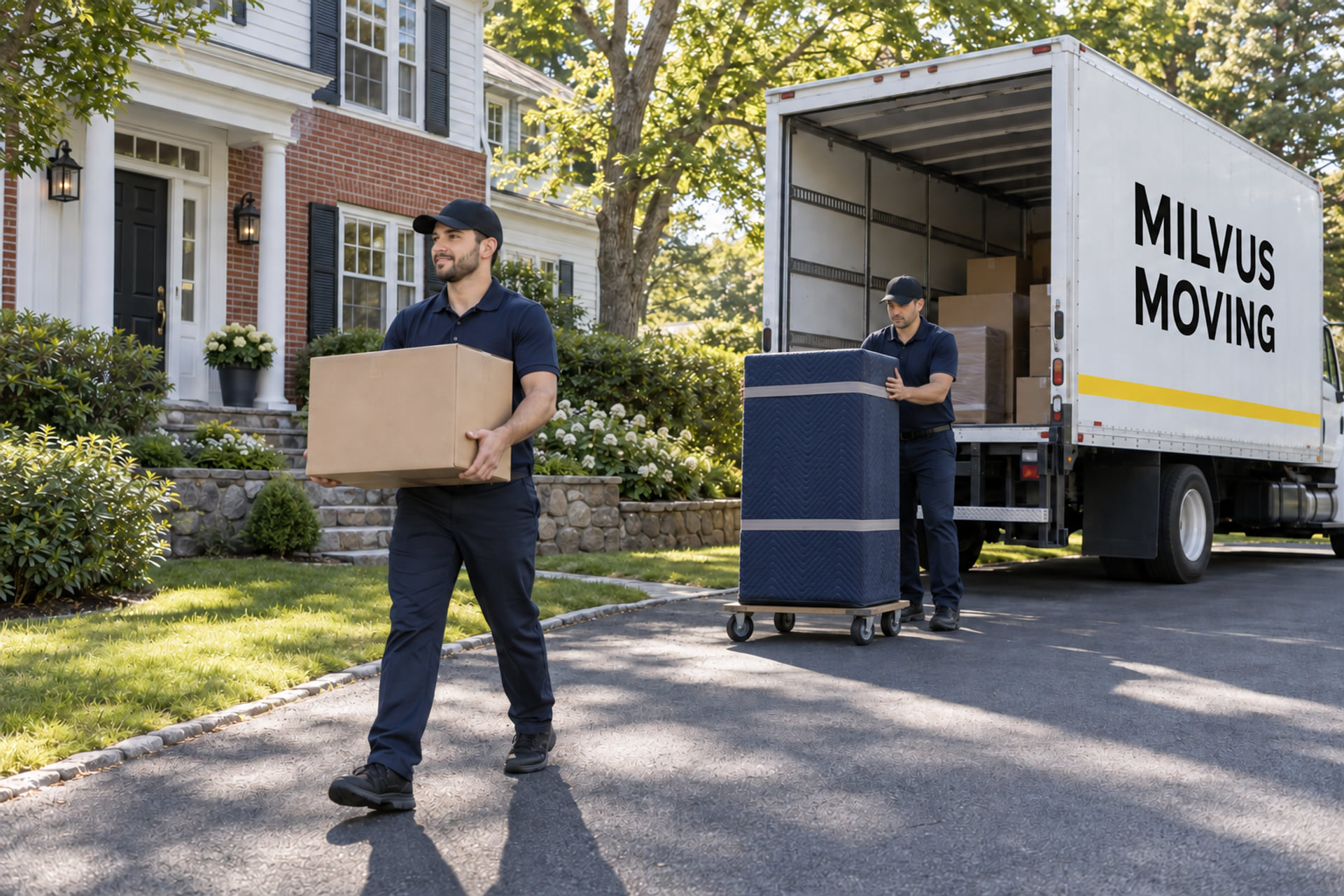 Movers collecting cartons and a protected cabinet from a house