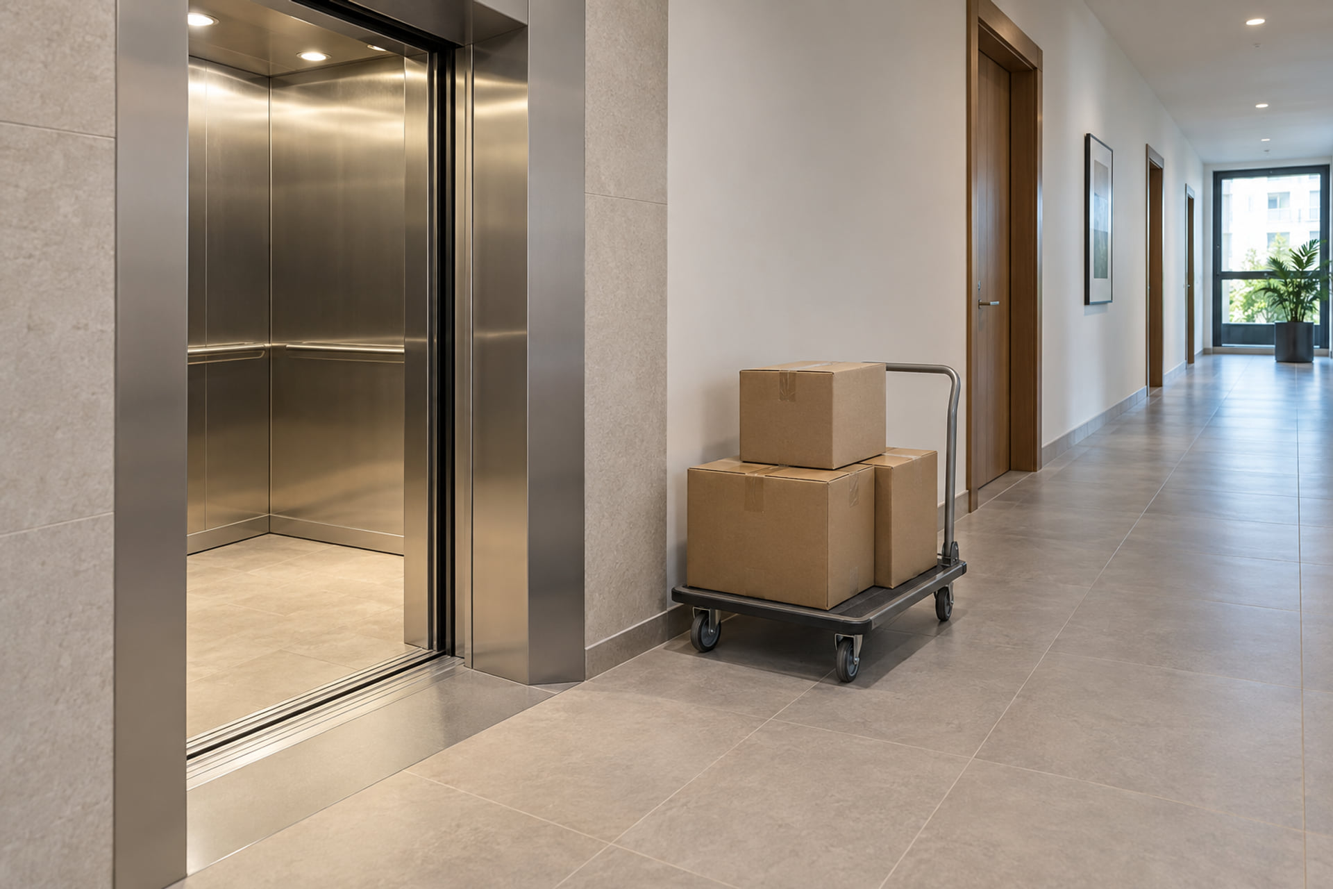 A clear apartment corridor with an open elevator and cartons on a trolley