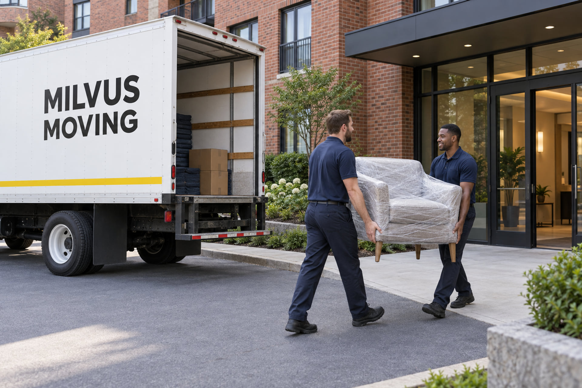 Movers carrying a protected chair toward an apartment entrance