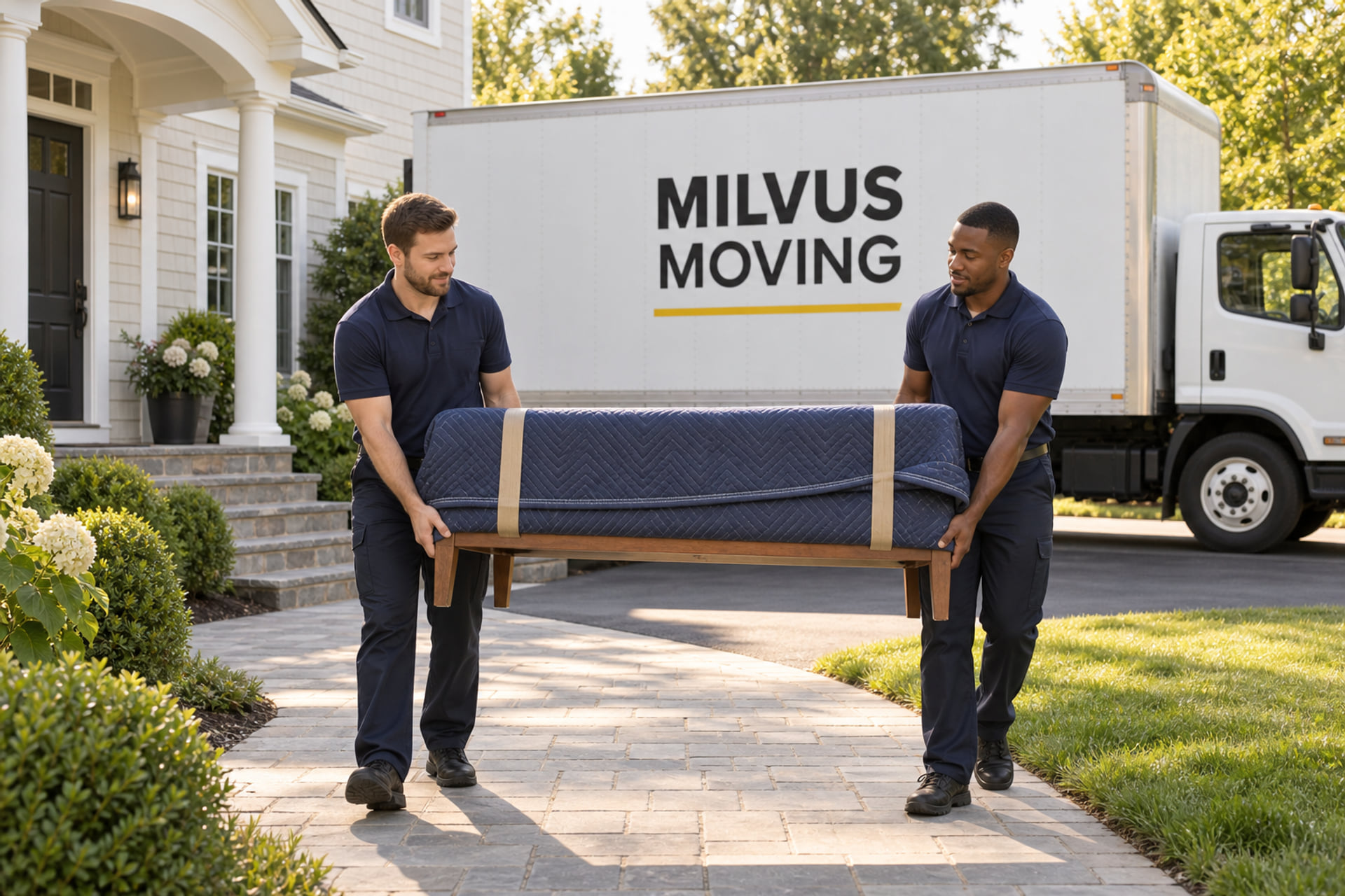 Movers carrying a protected bench outside a family house