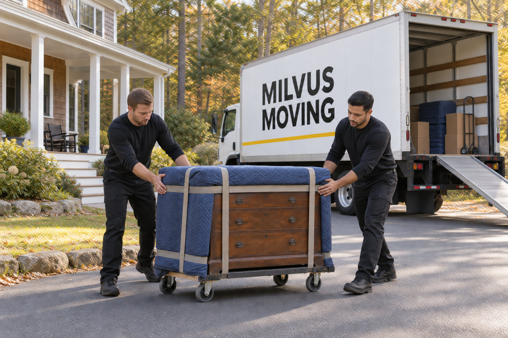 Movers steadying a protected chest on a dolly beside a house
