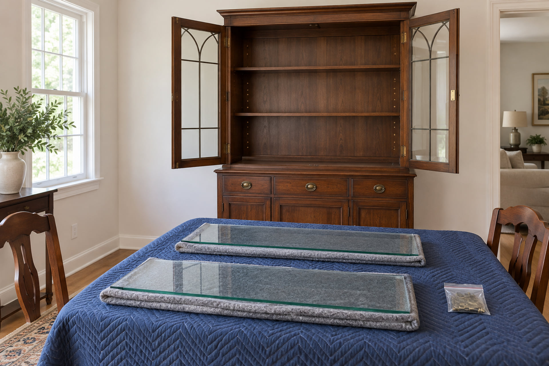 Cabinet and removable shelves prepared for a furniture move