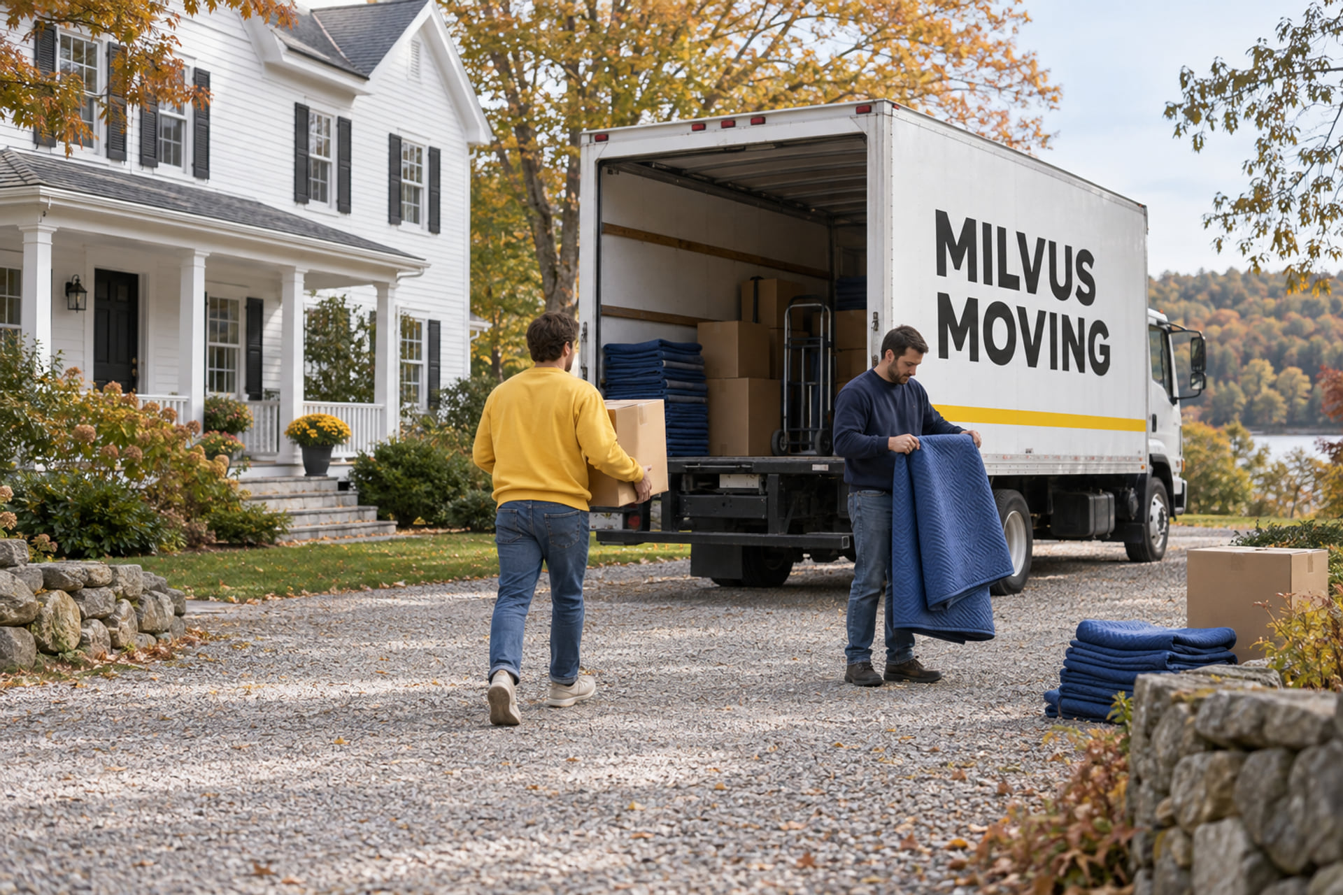 Movers collecting household belongings on a wide driveway