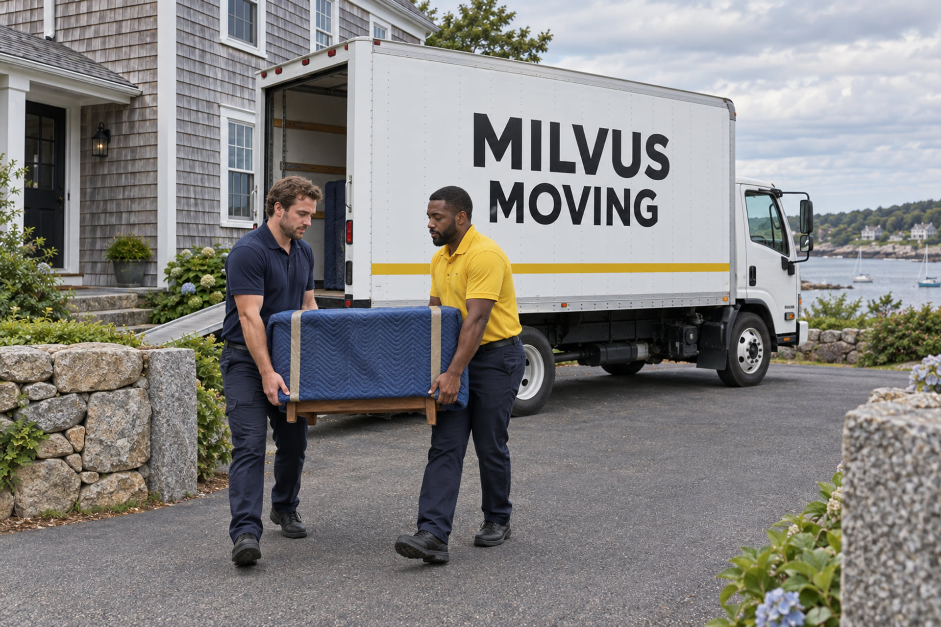 Movers carrying protected furniture beside a shingle house