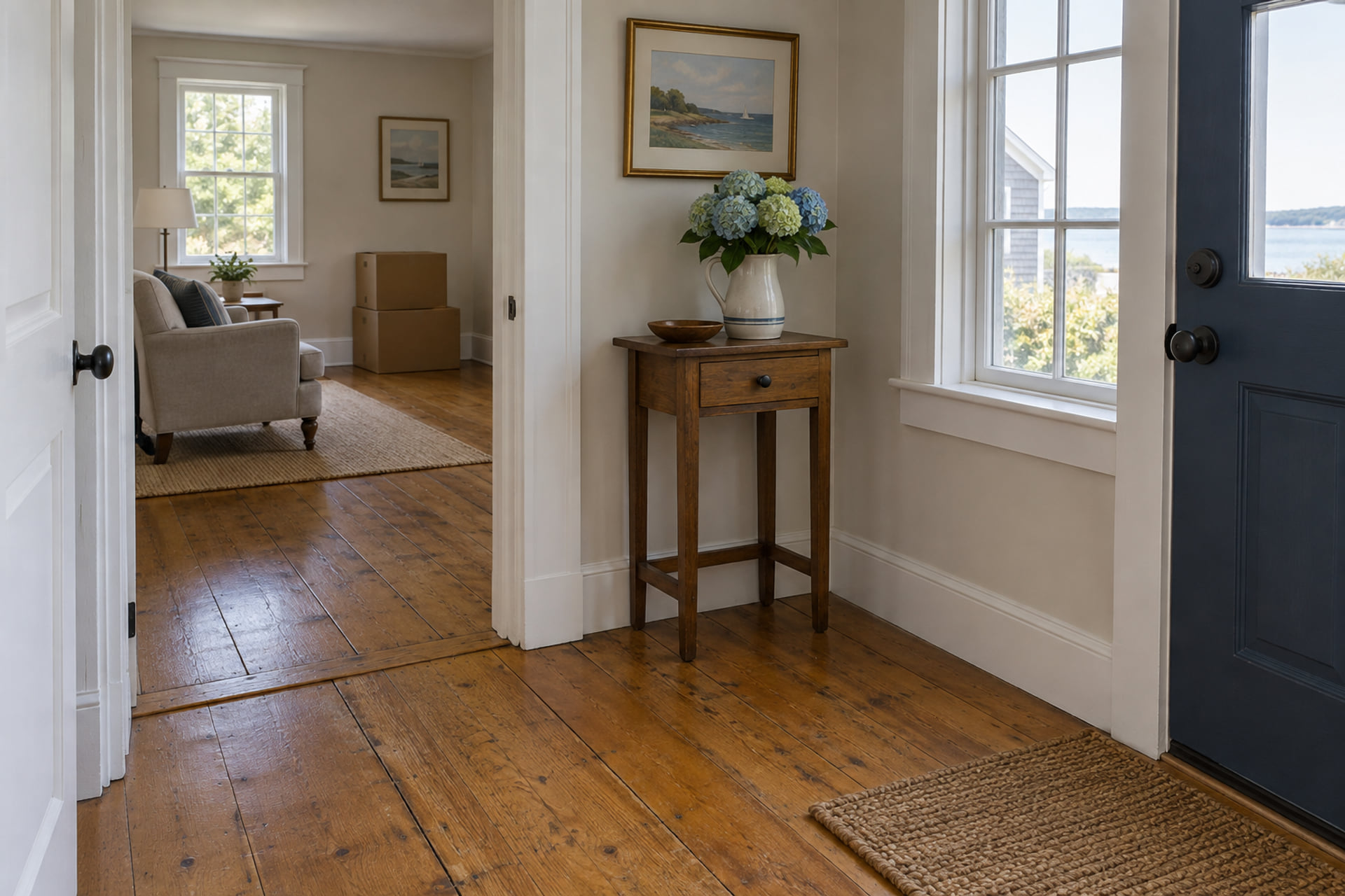 A clear entrance turn between a hallway and living room