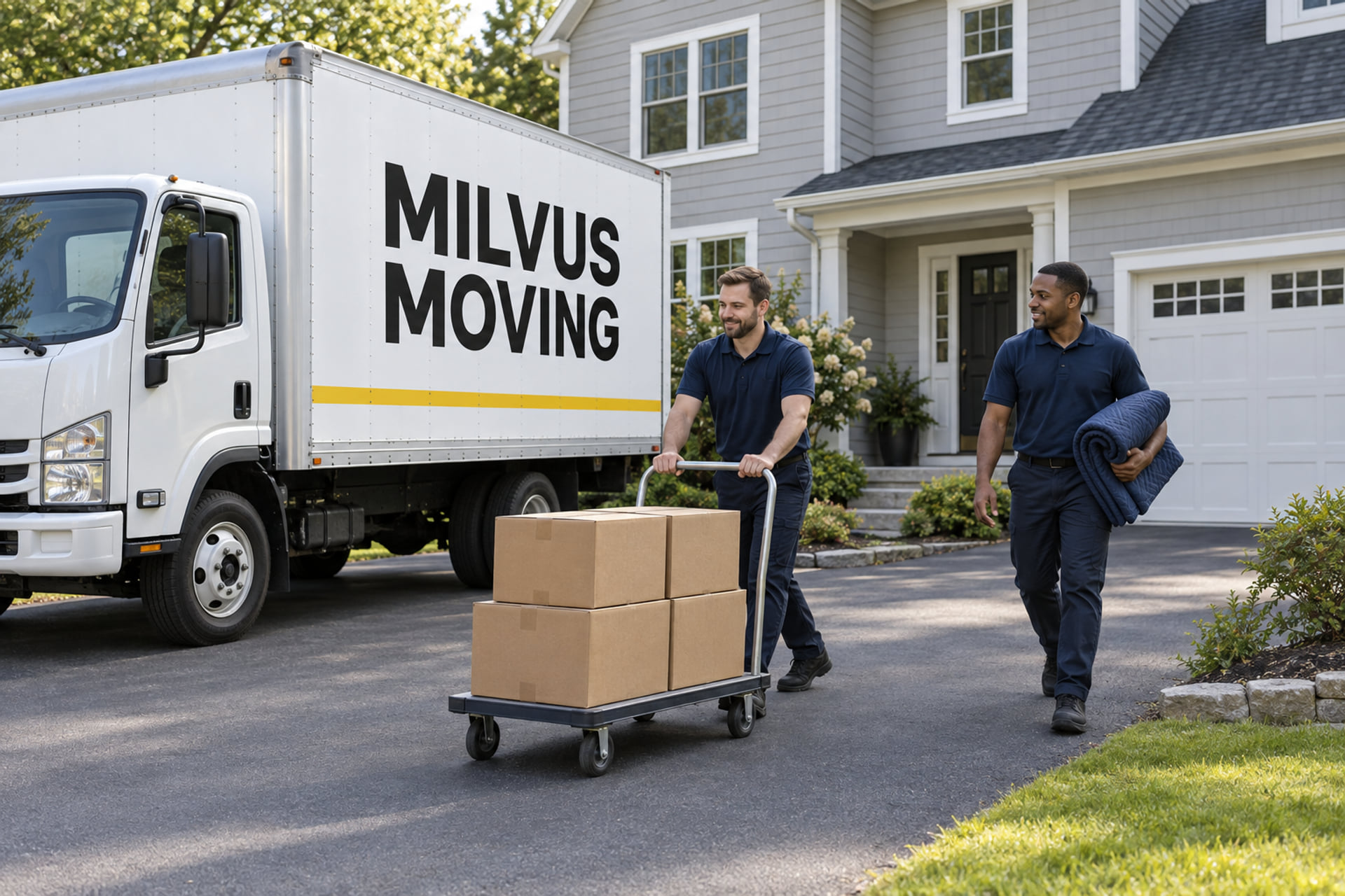 Movers bringing garage and household cartons to a truck