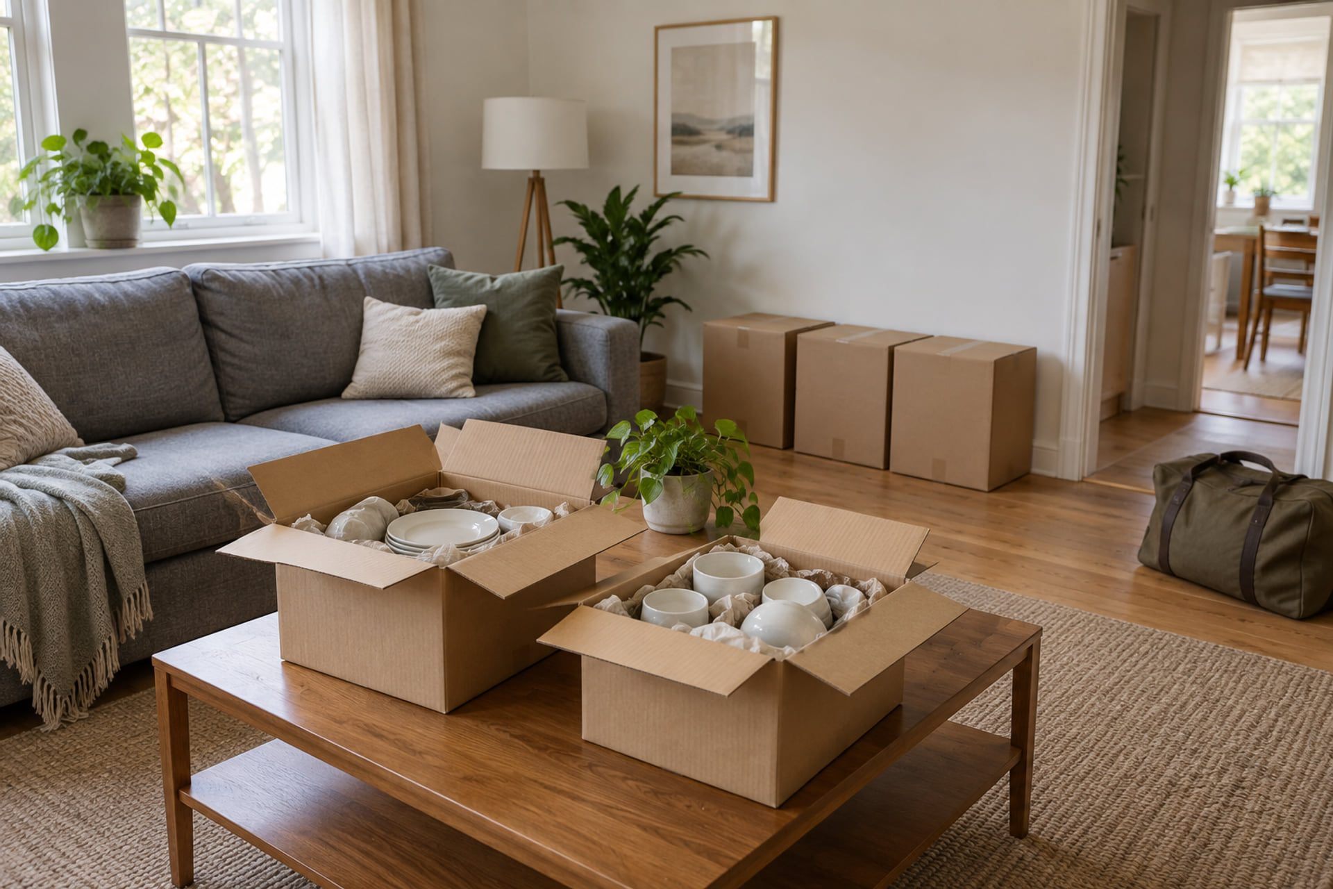 Packed household belongings and an overnight bag kept separately