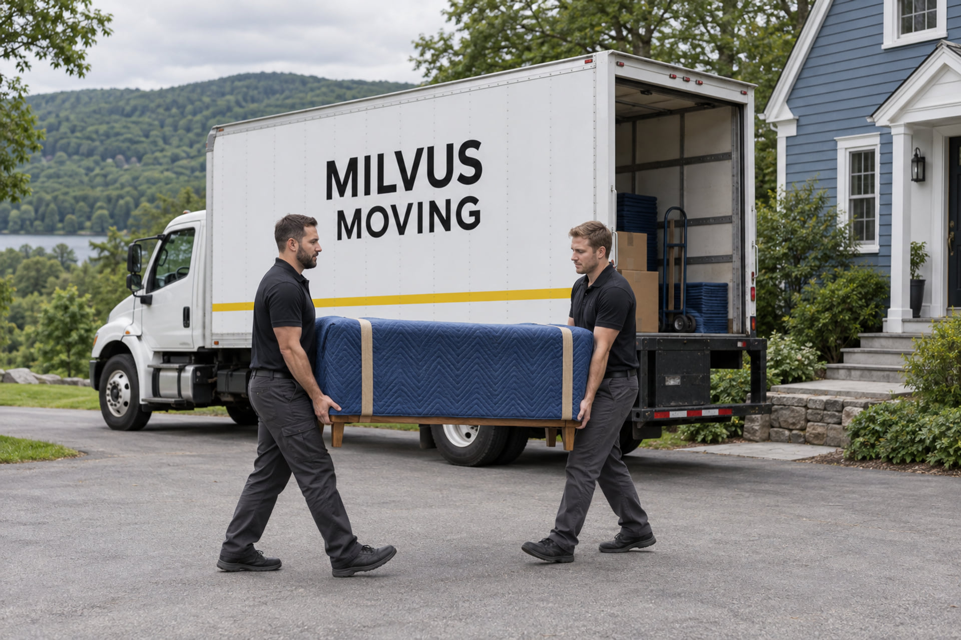Movers carrying protected furniture outside a New England house