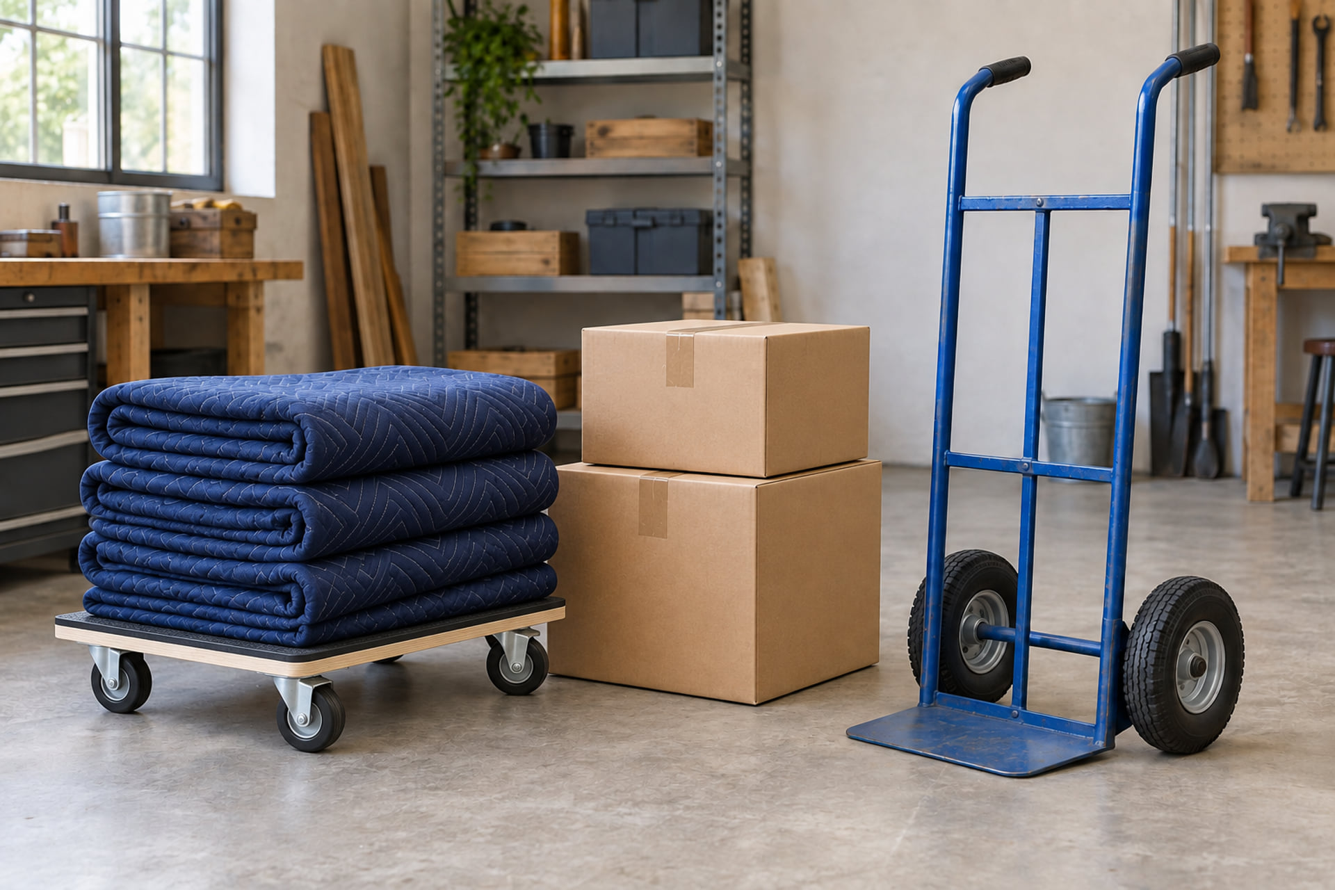 Modern hand truck, furniture dolly, folded moving blankets and cartons