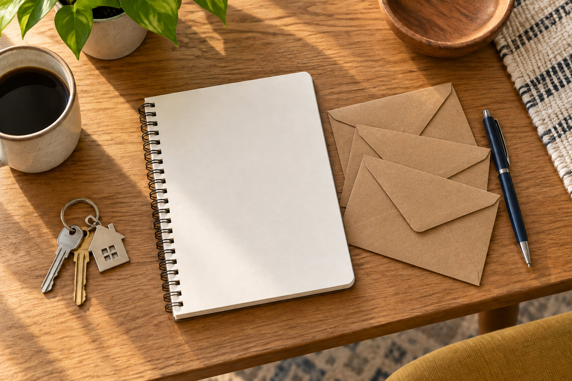 Notebook, envelopes and house keys for organizing a relocation budget