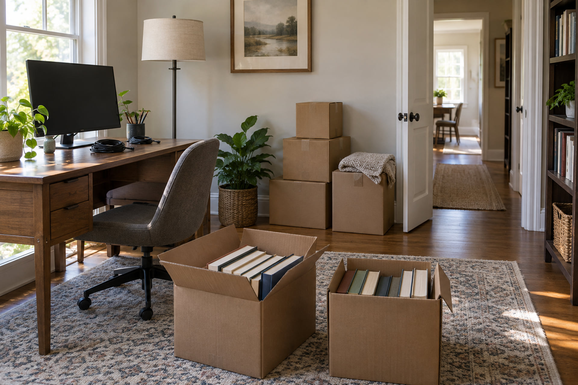 Books and study belongings being packed beside a desk