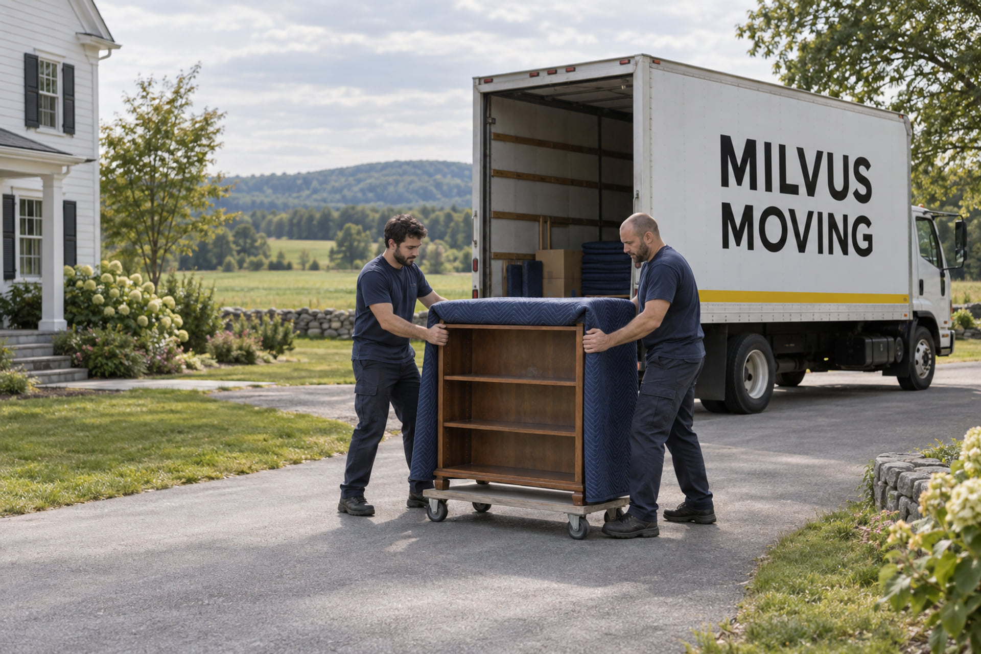 Movers rolling protected furniture along a house driveway