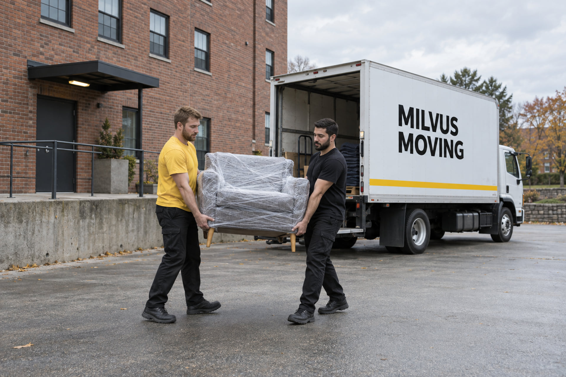 Movers carrying a protected armchair outside a brick apartment building
