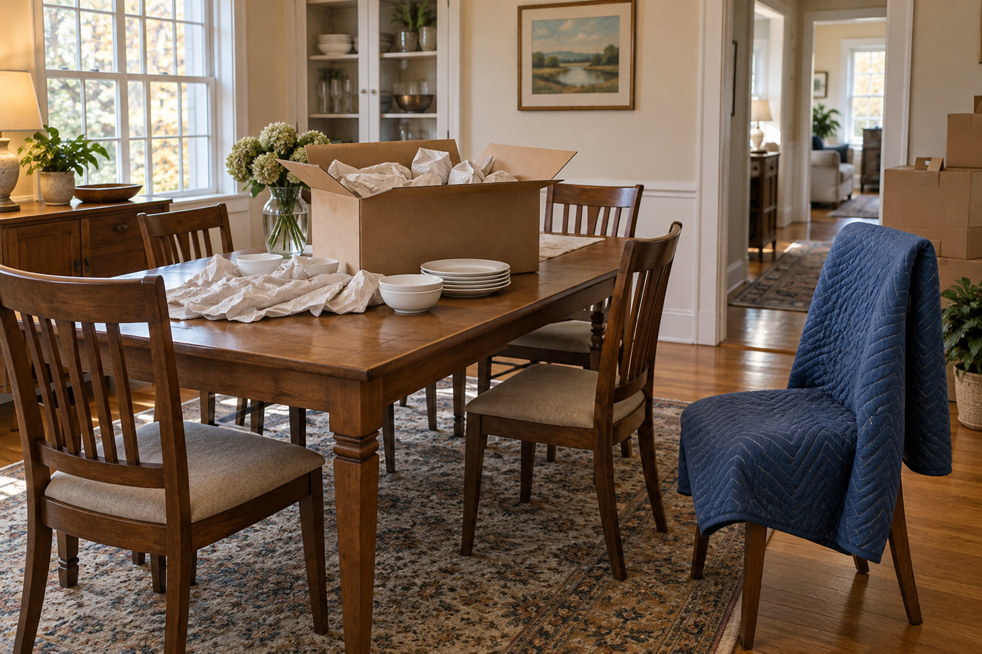 Dining-room furniture and individually wrapped dishes ready for packing