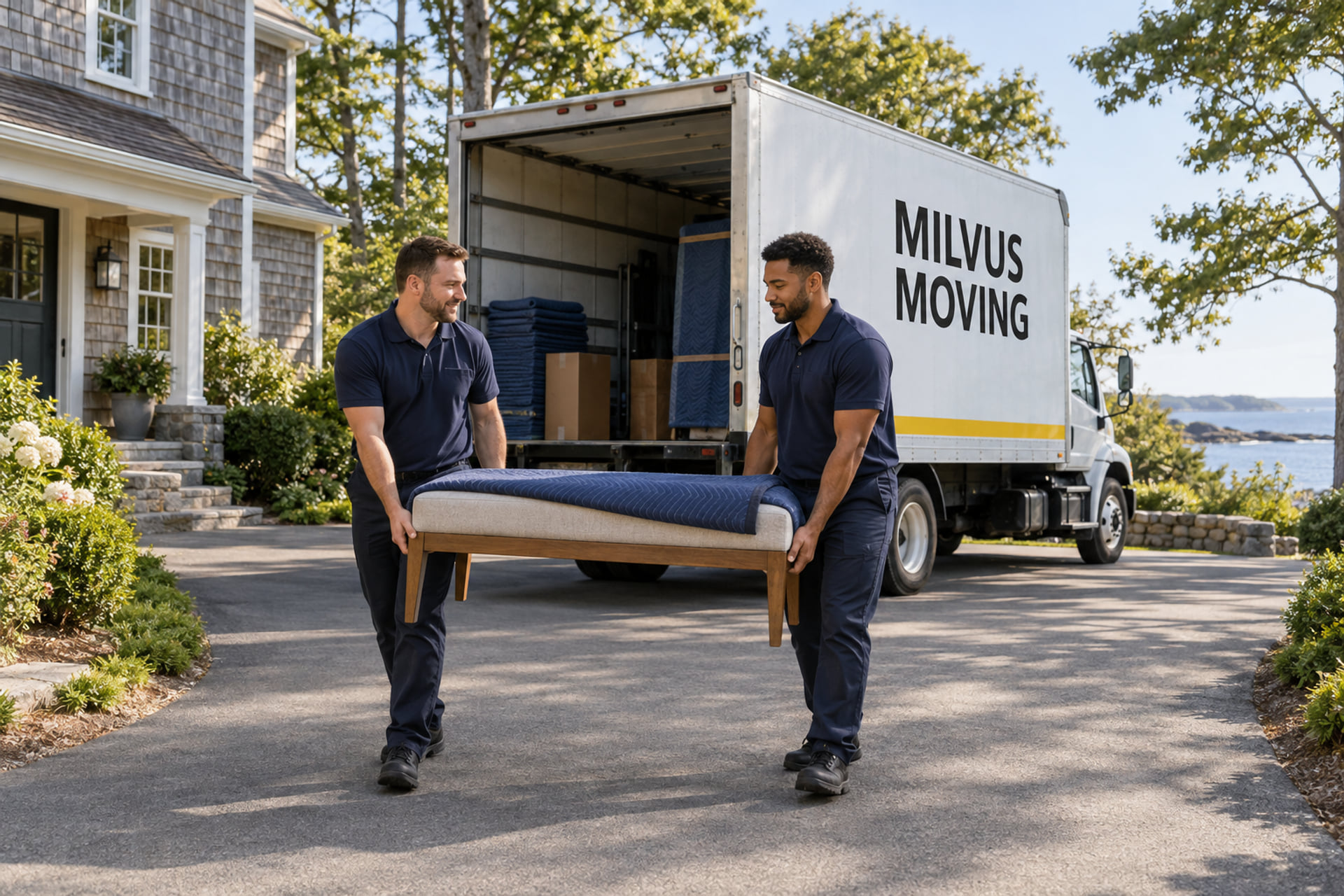 Movers carrying a protected bench beside a shingled house