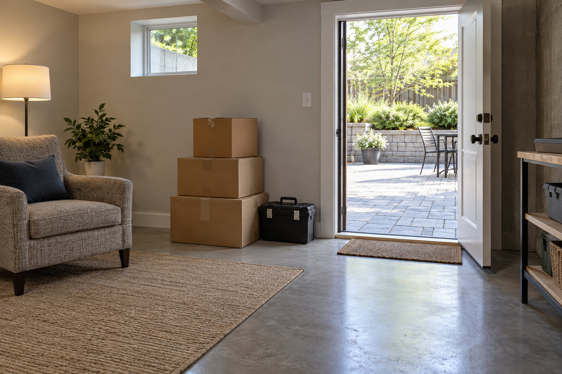 Packed basement belongings beside a clear walkout doorway