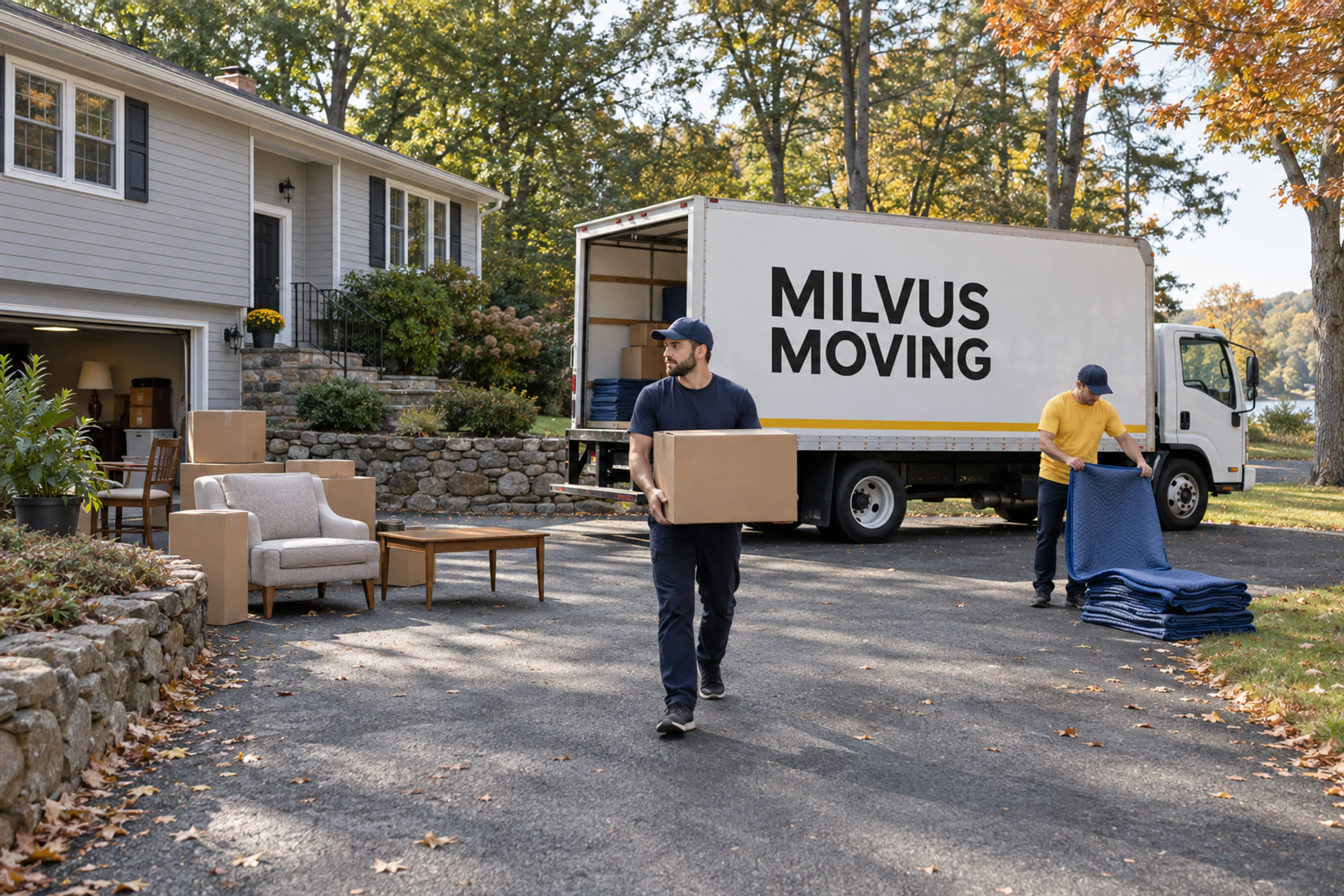 Movers loading household cartons at a split-level house