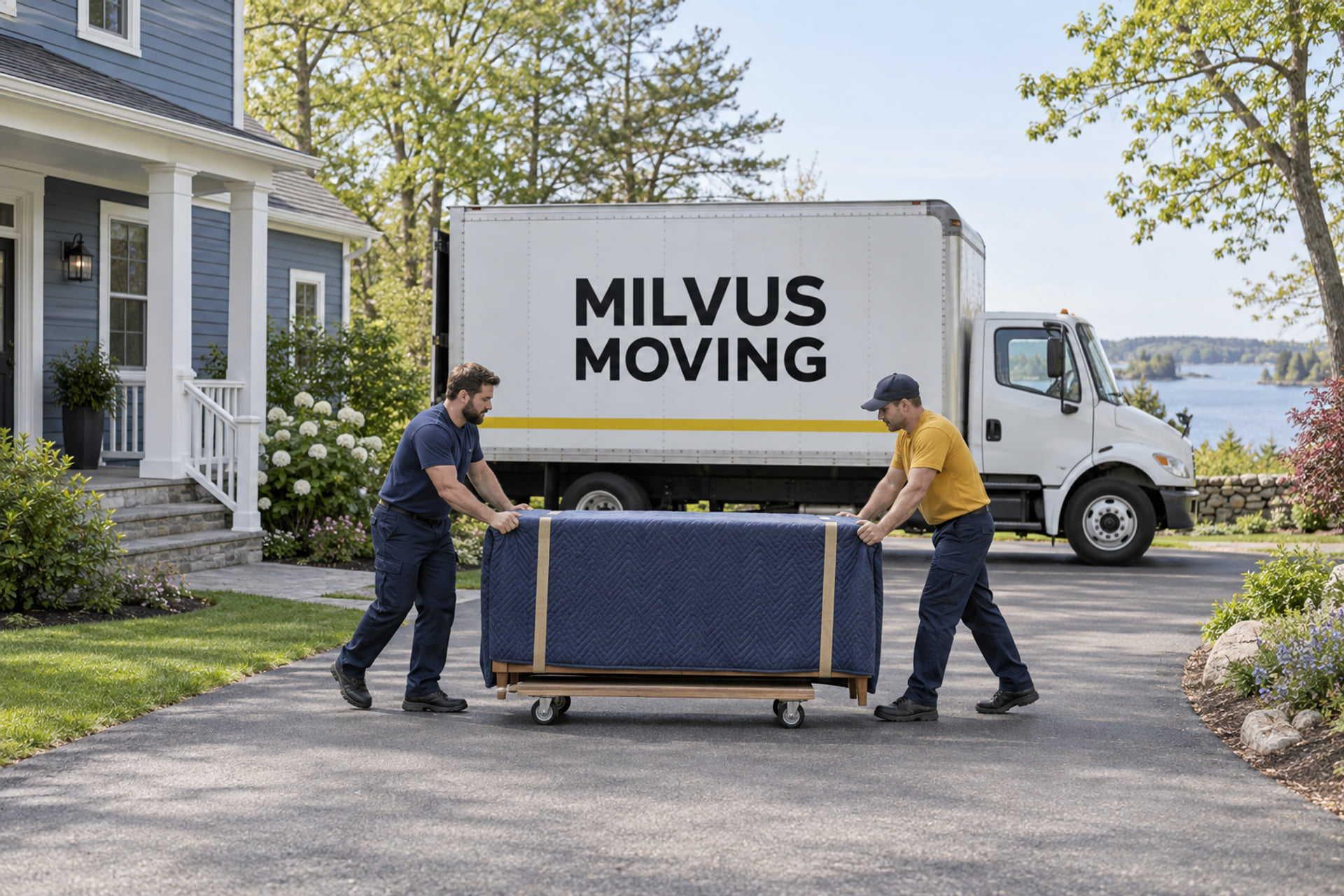 Movers preparing a furniture delivery outside a Massachusetts home