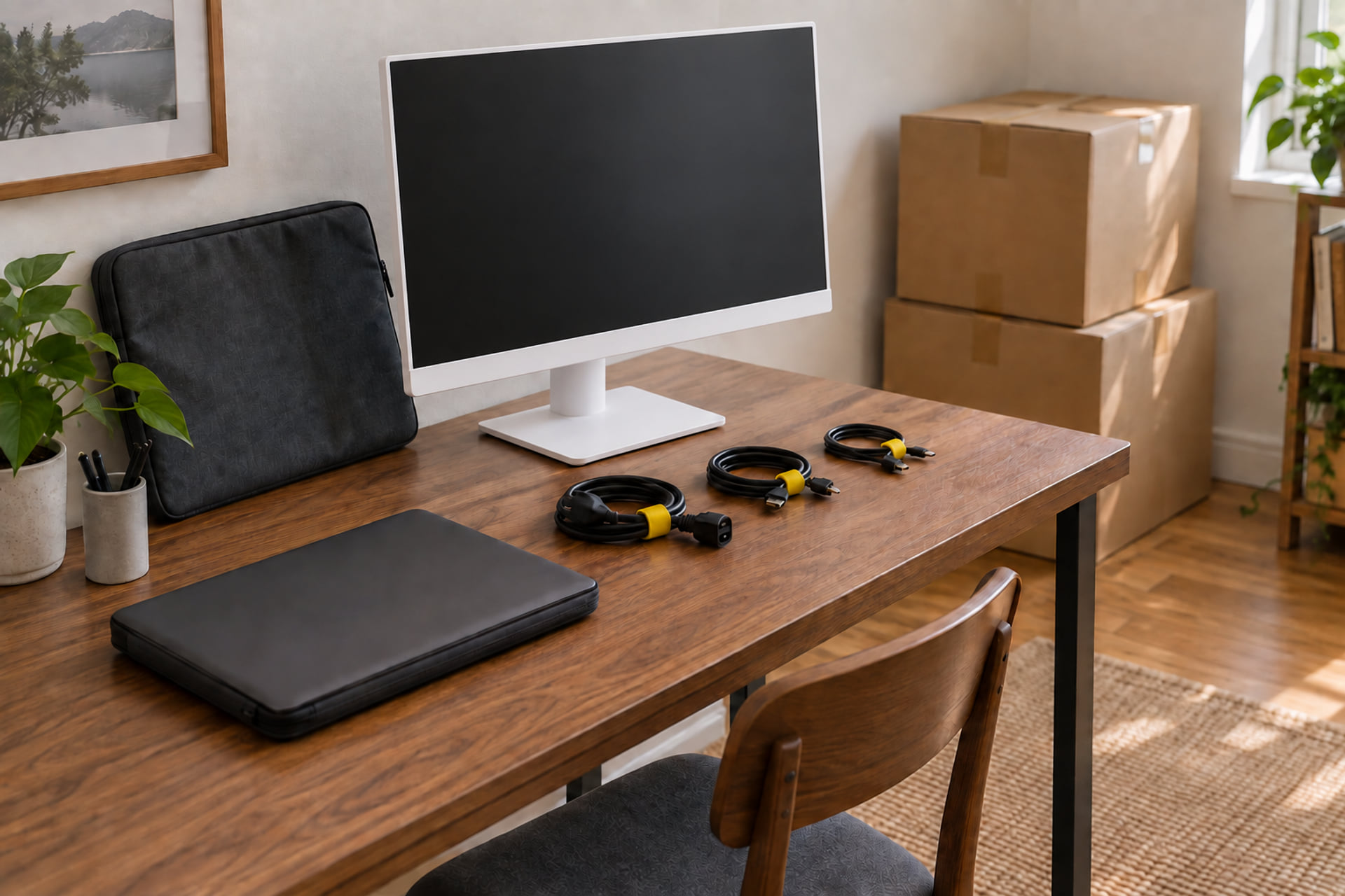 Home office equipment and labeled-by-color cables prepared for packing