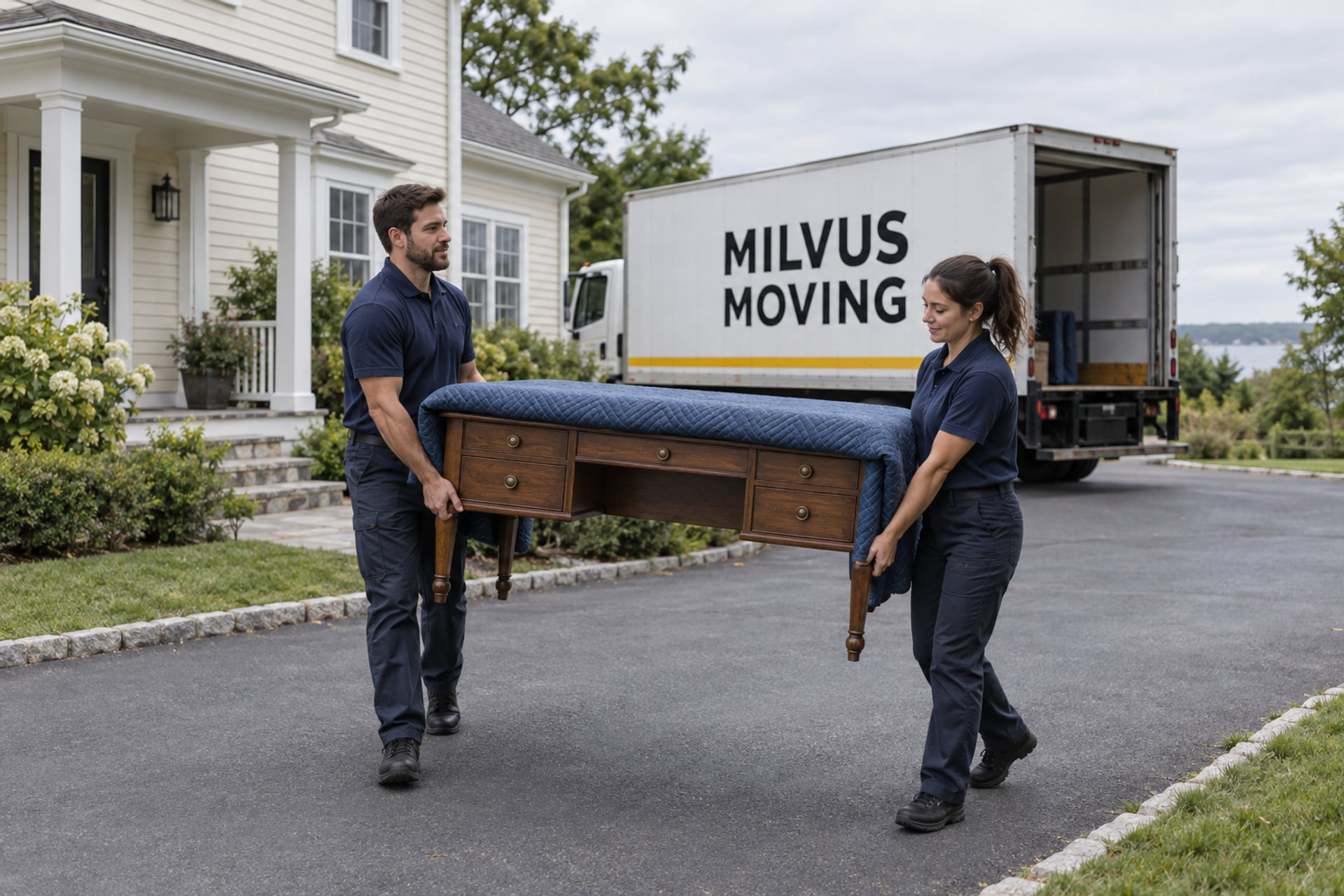 Movers moving household furniture beside a clapboard house