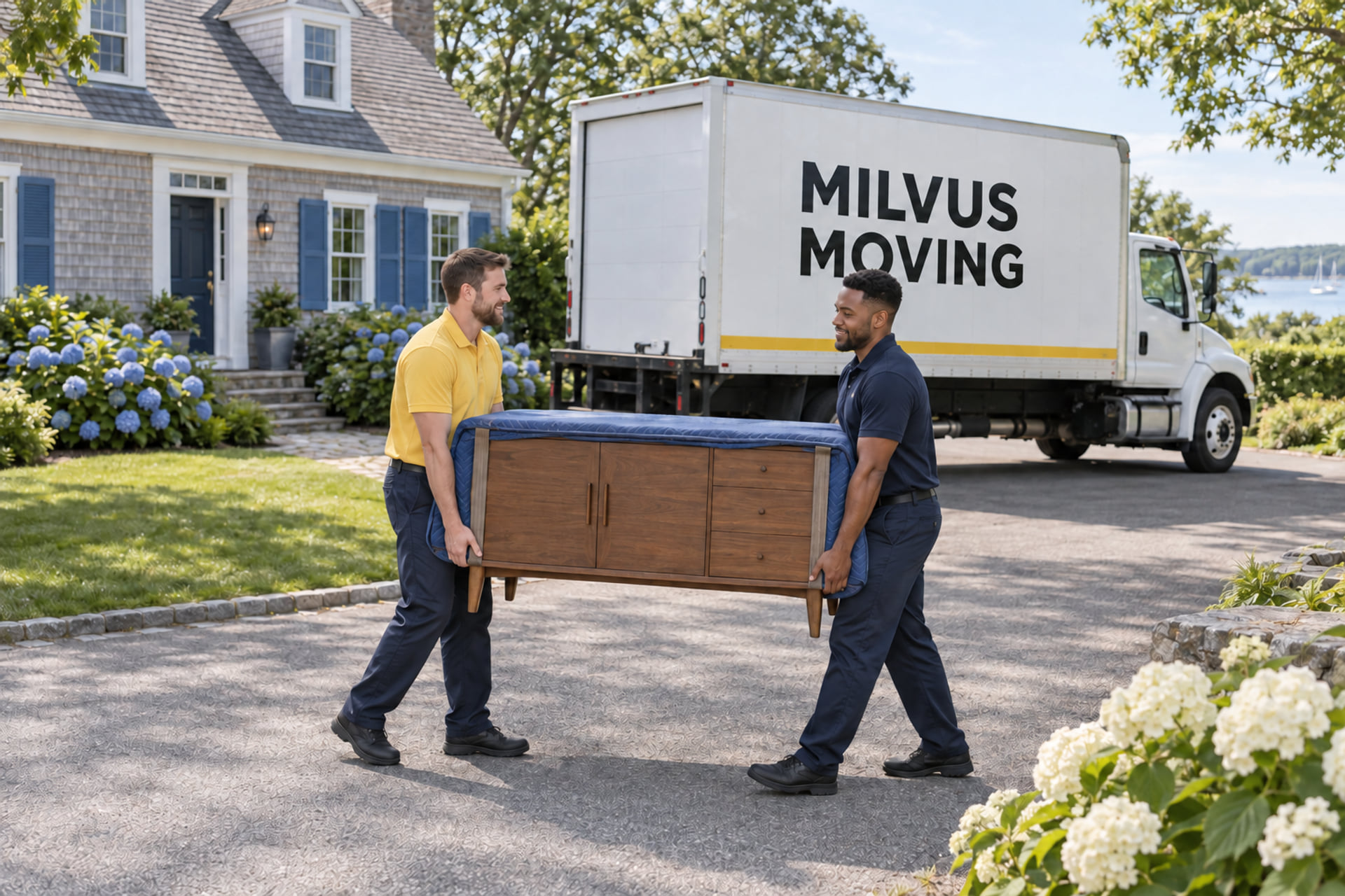 Movers carrying protected furniture at a Cape Cod house