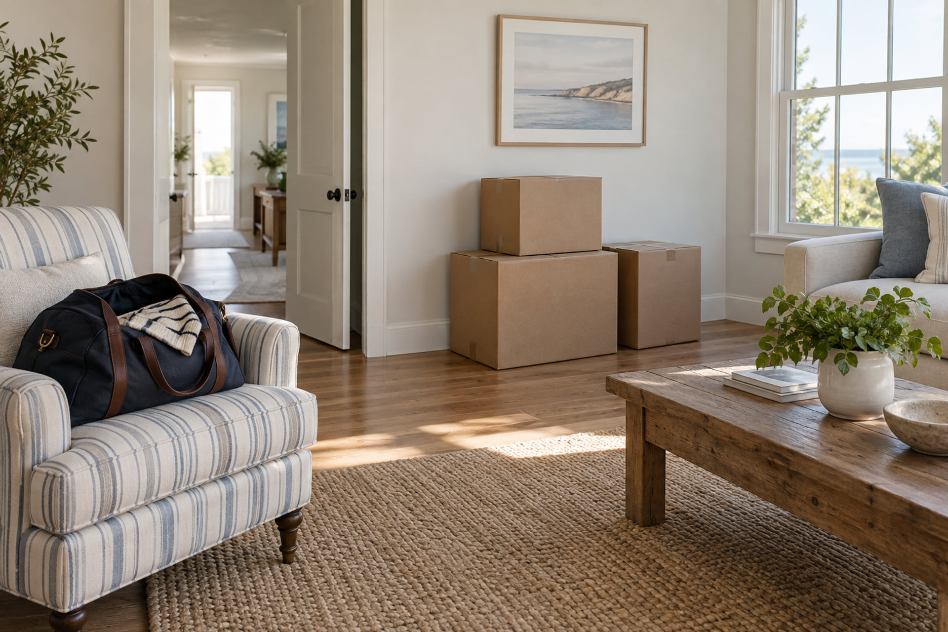 Furniture and cartons prepared in a bright Cape Cod living room