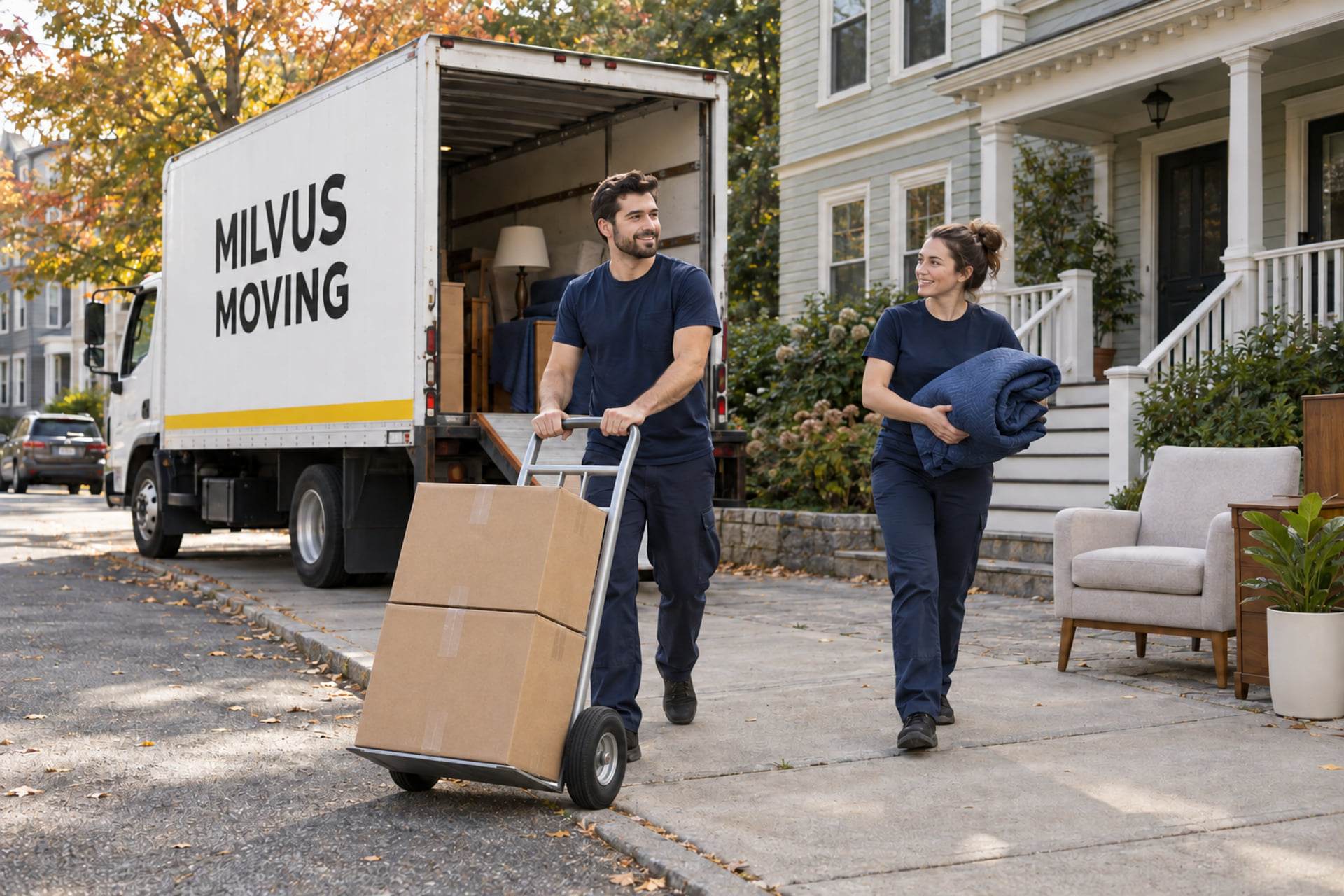 Movers collecting a household load outside a clapboard home
