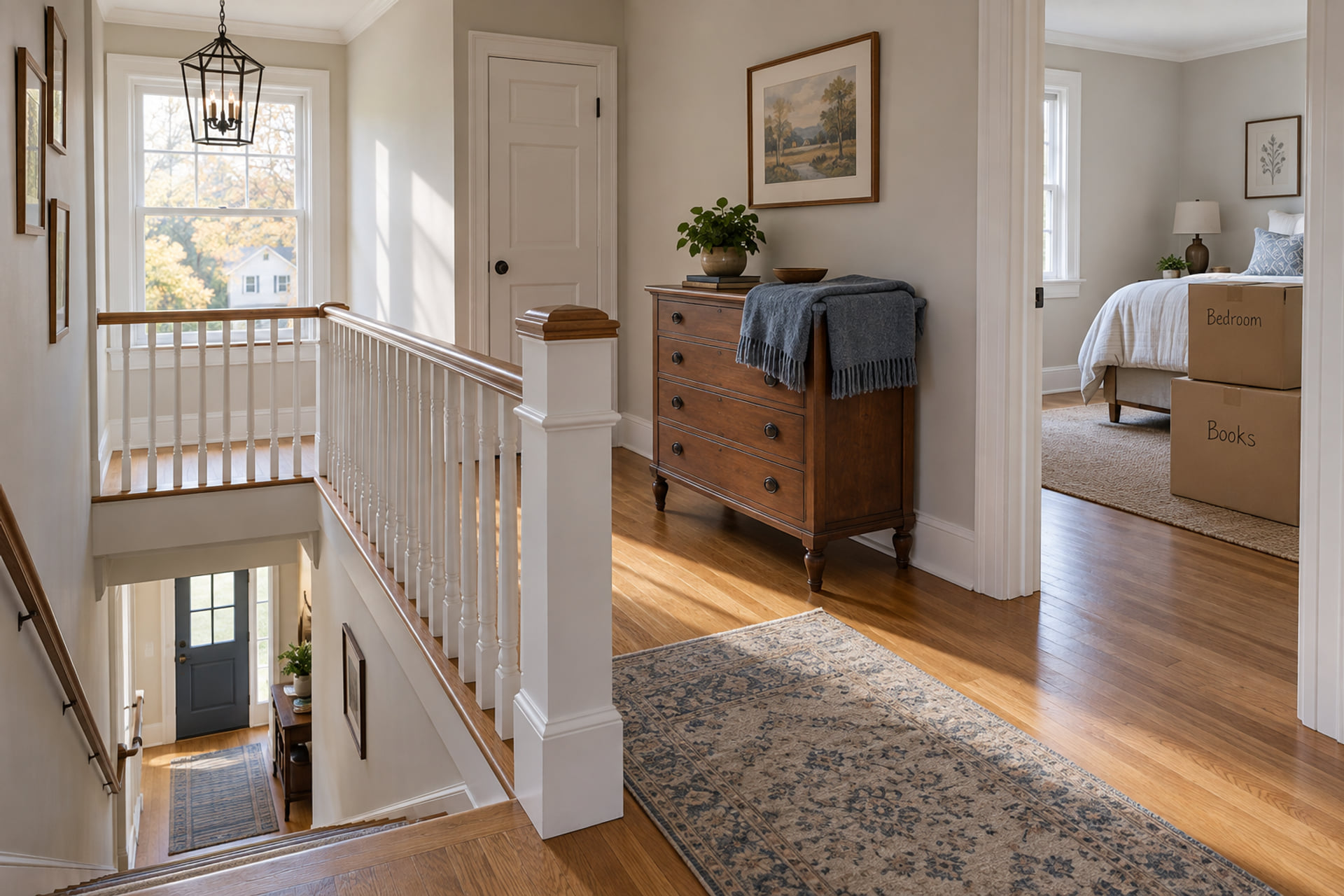 A protected chest beside the clear landing of a home staircase
