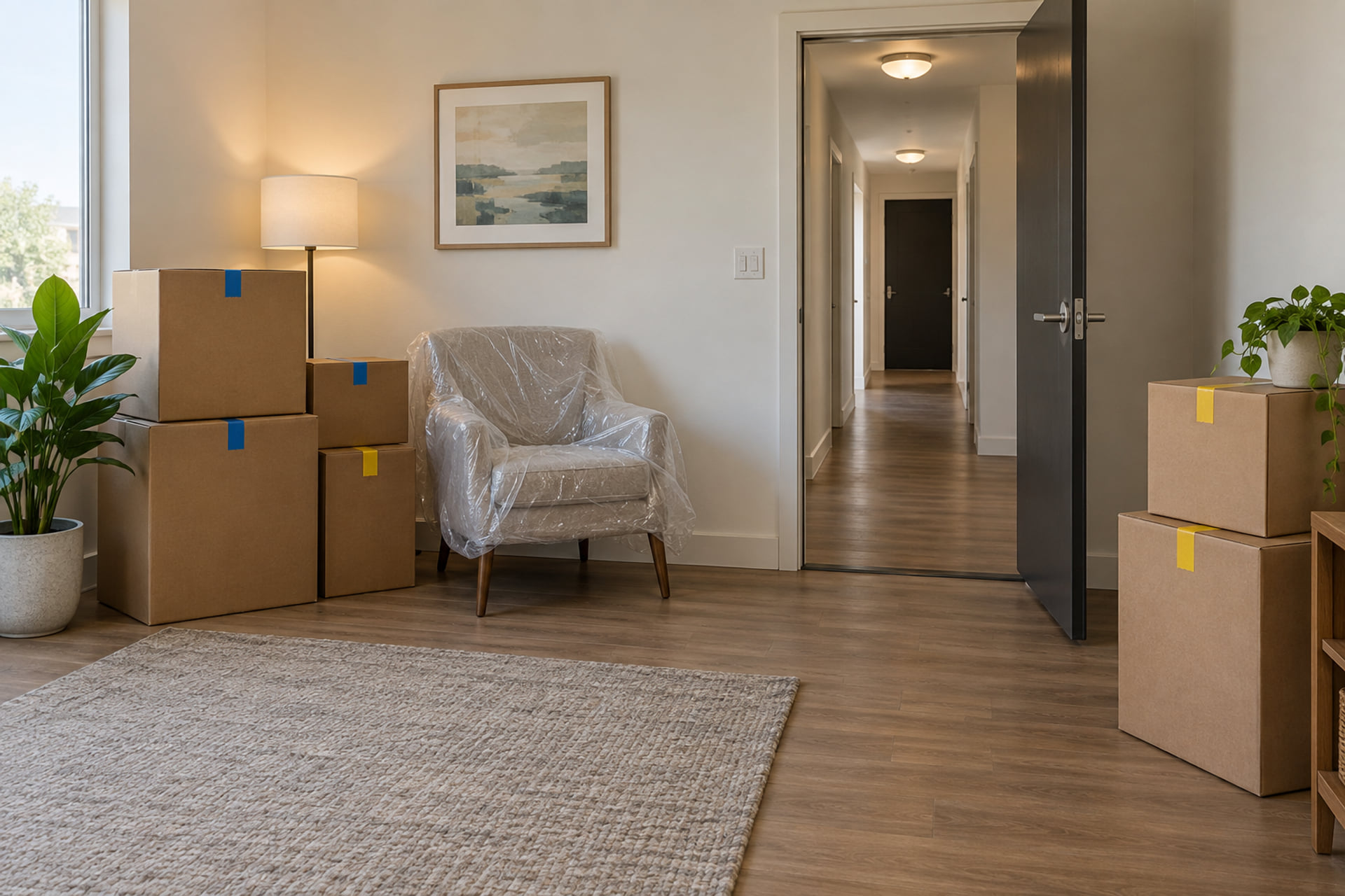 Grouped cartons and packed furniture inside an apartment