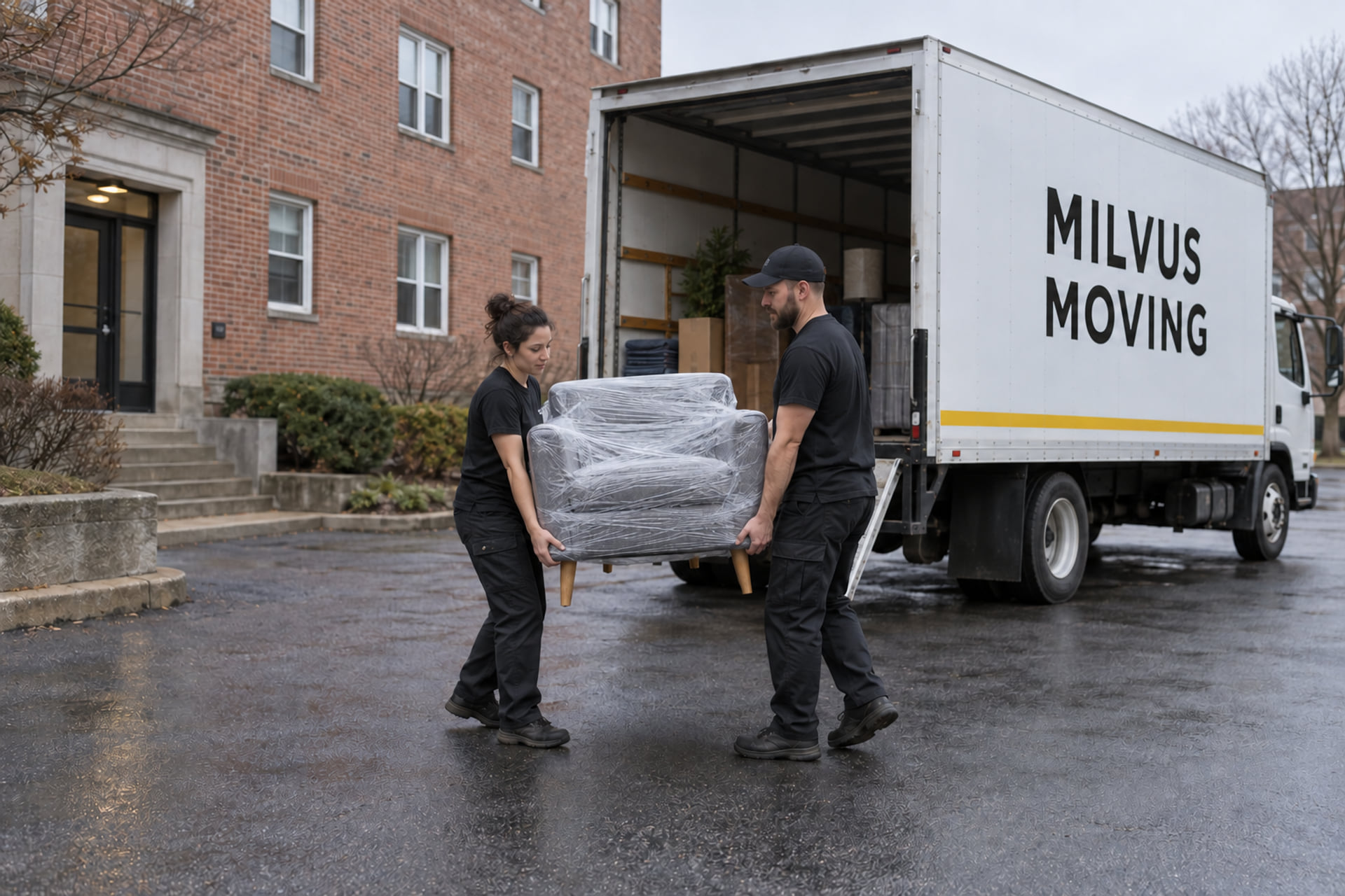 Movers carrying a wrapped chair by a brick apartment building