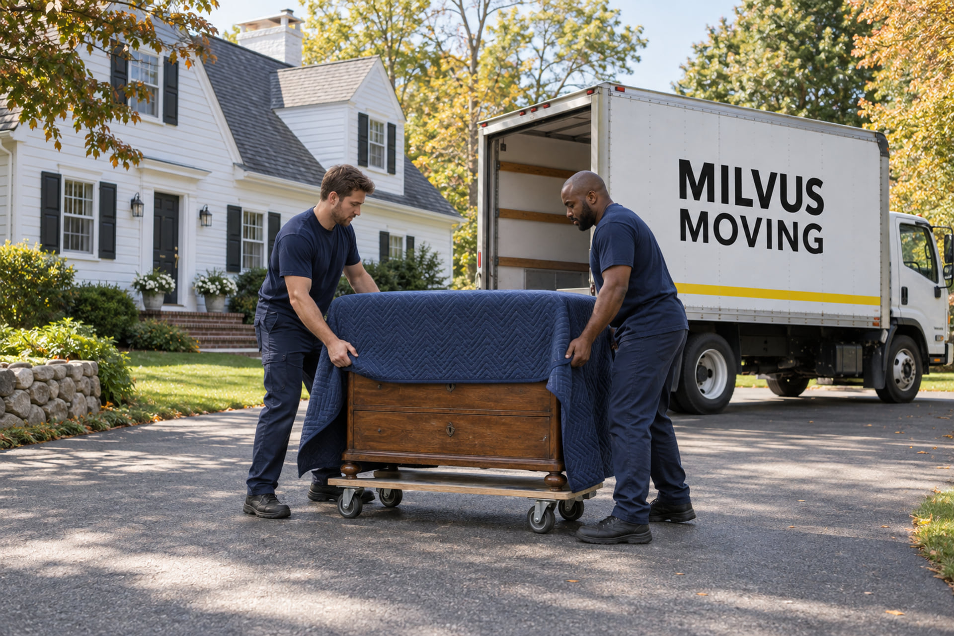 Movers preparing furniture outside a Massachusetts house
