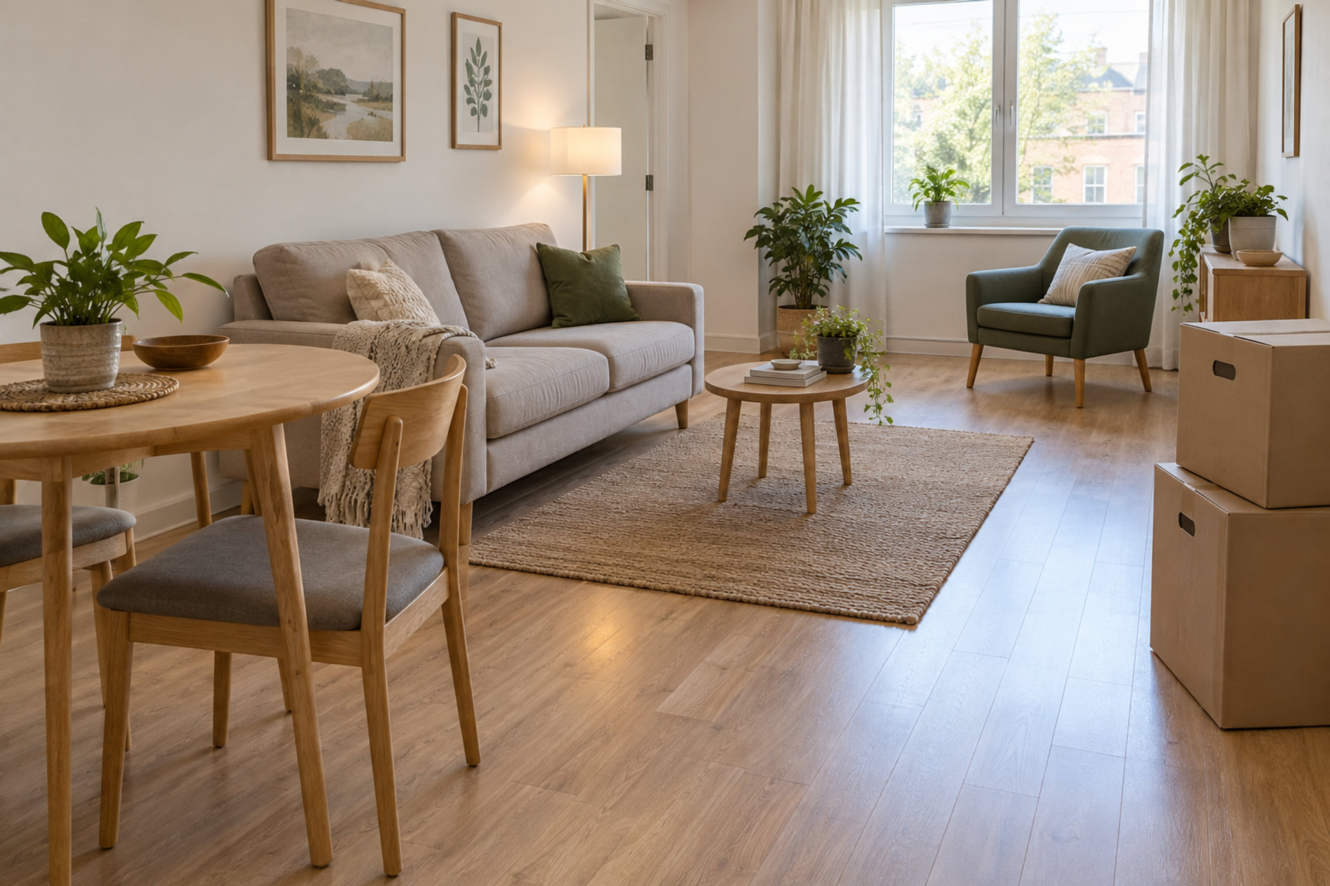 Selected furniture and cartons ready in a compact receiving room