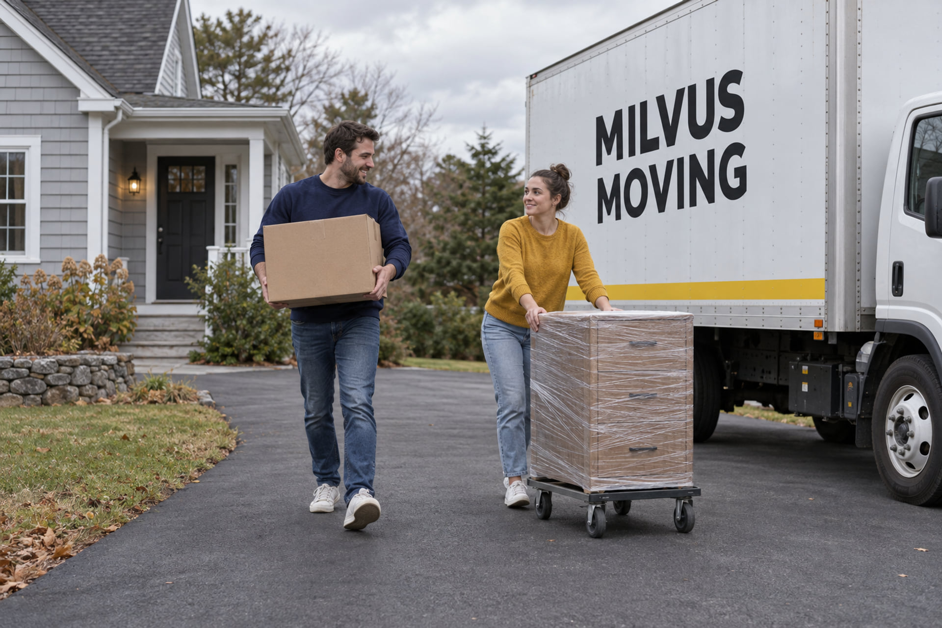Movers collecting a selected furniture load outside a home