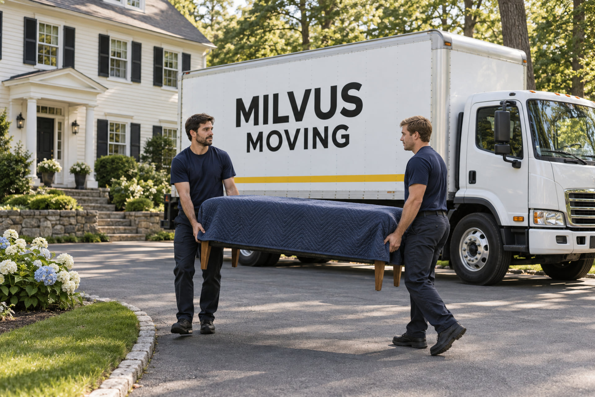 Movers carrying a protected bench outside a Colonial-style home