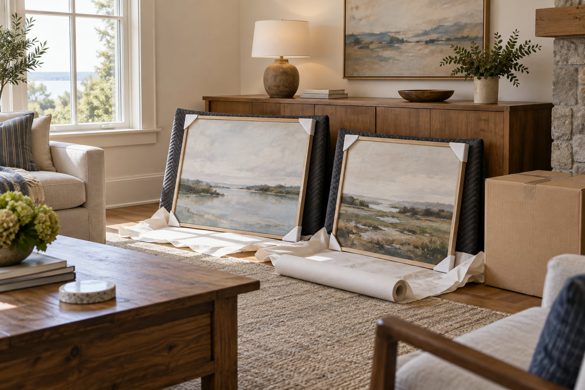 Protected artwork and household furniture prepared in a living room