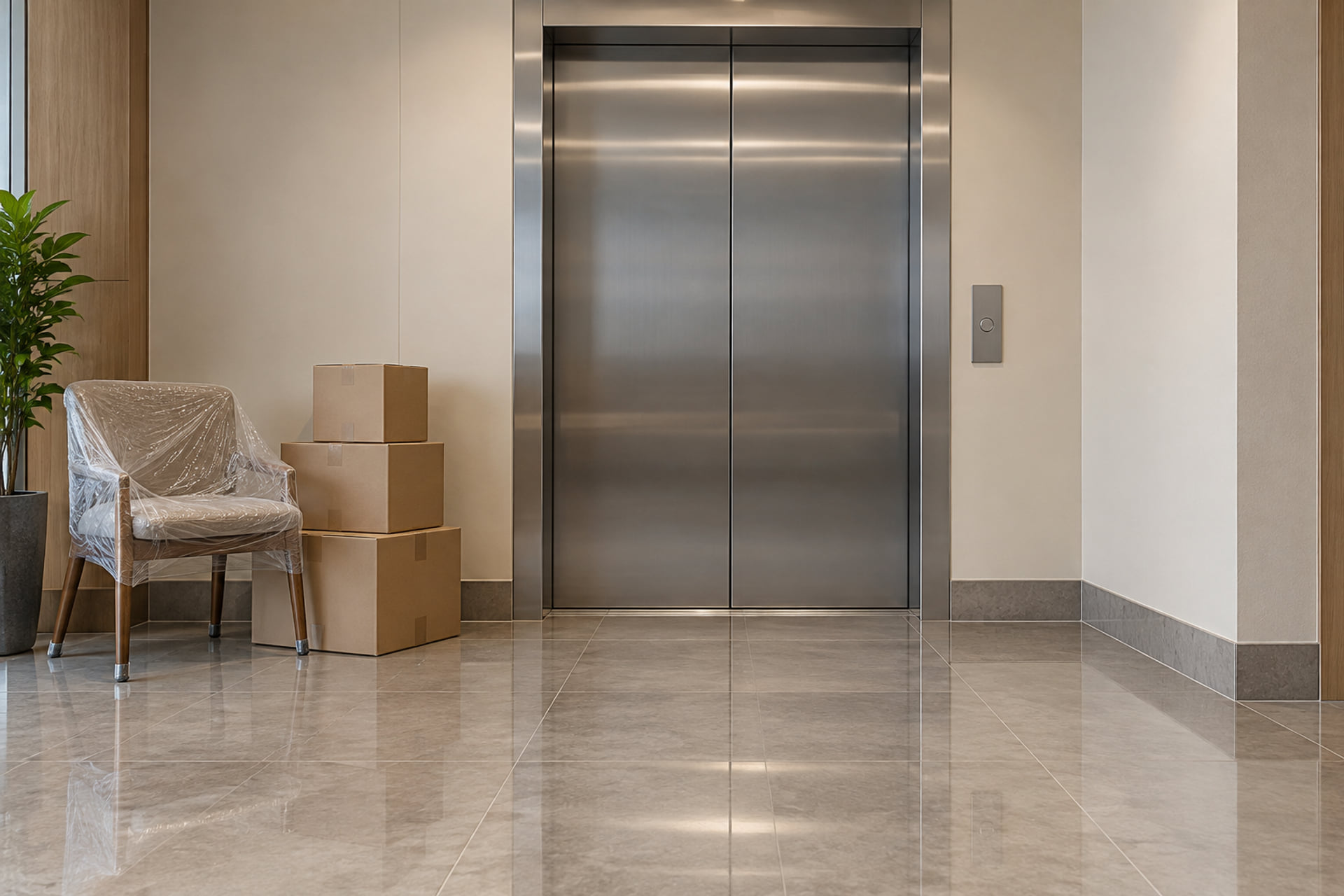 Protected furniture and cartons near a reserved building elevator