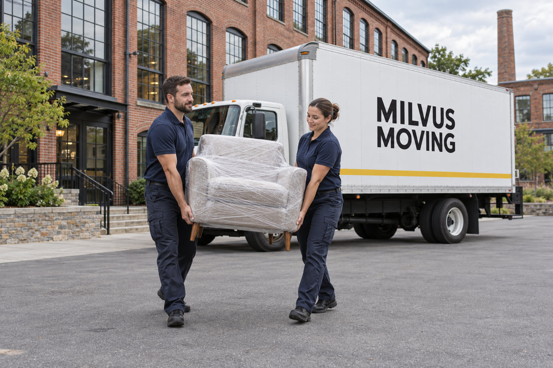 Movers carrying protected furniture beside a brick mill-style residence