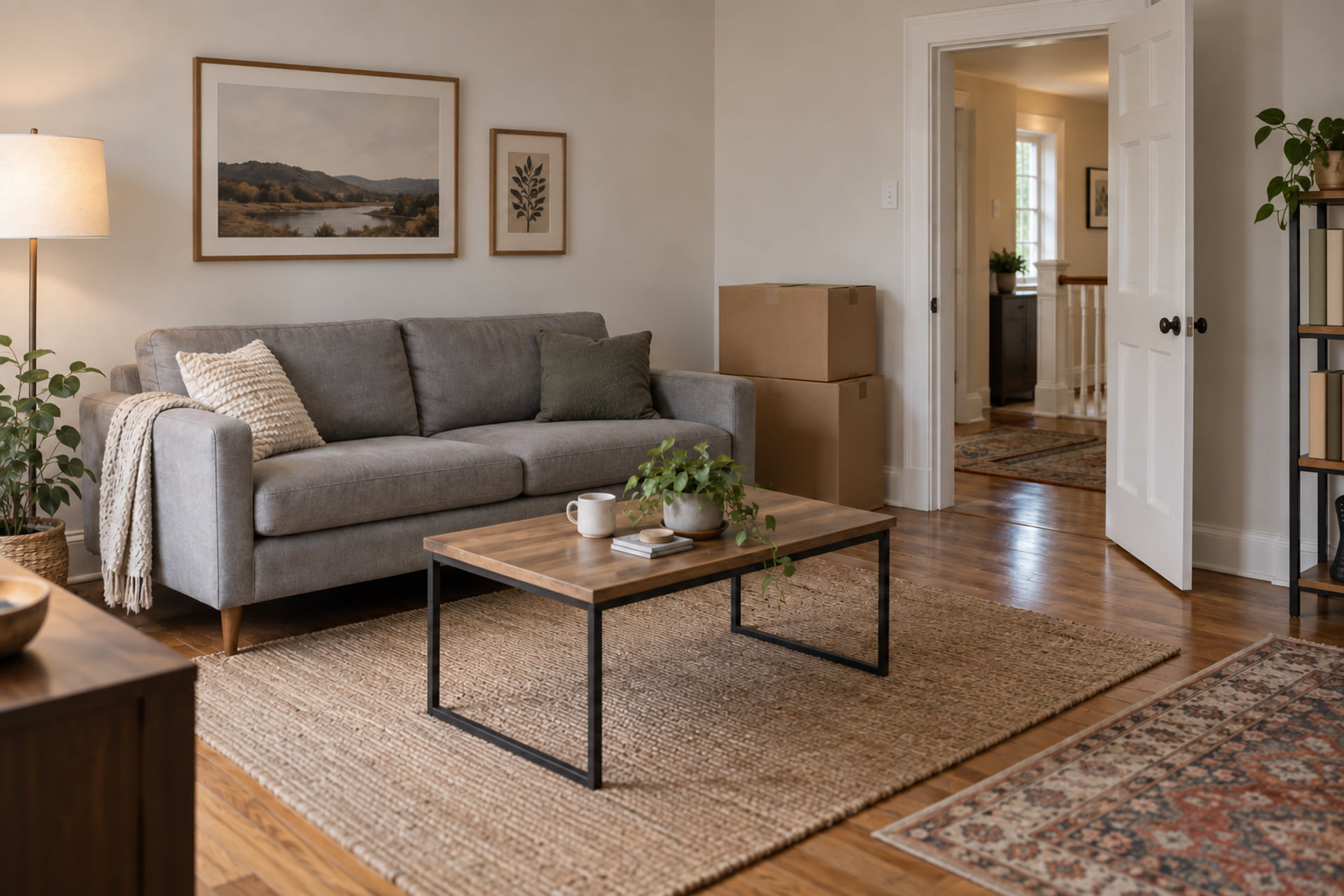 A compact sofa beside the clear doorway of a room