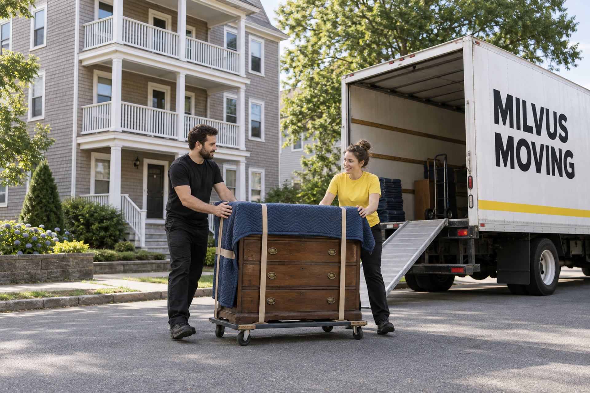 Movers handling a furniture load beside a wooden apartment house