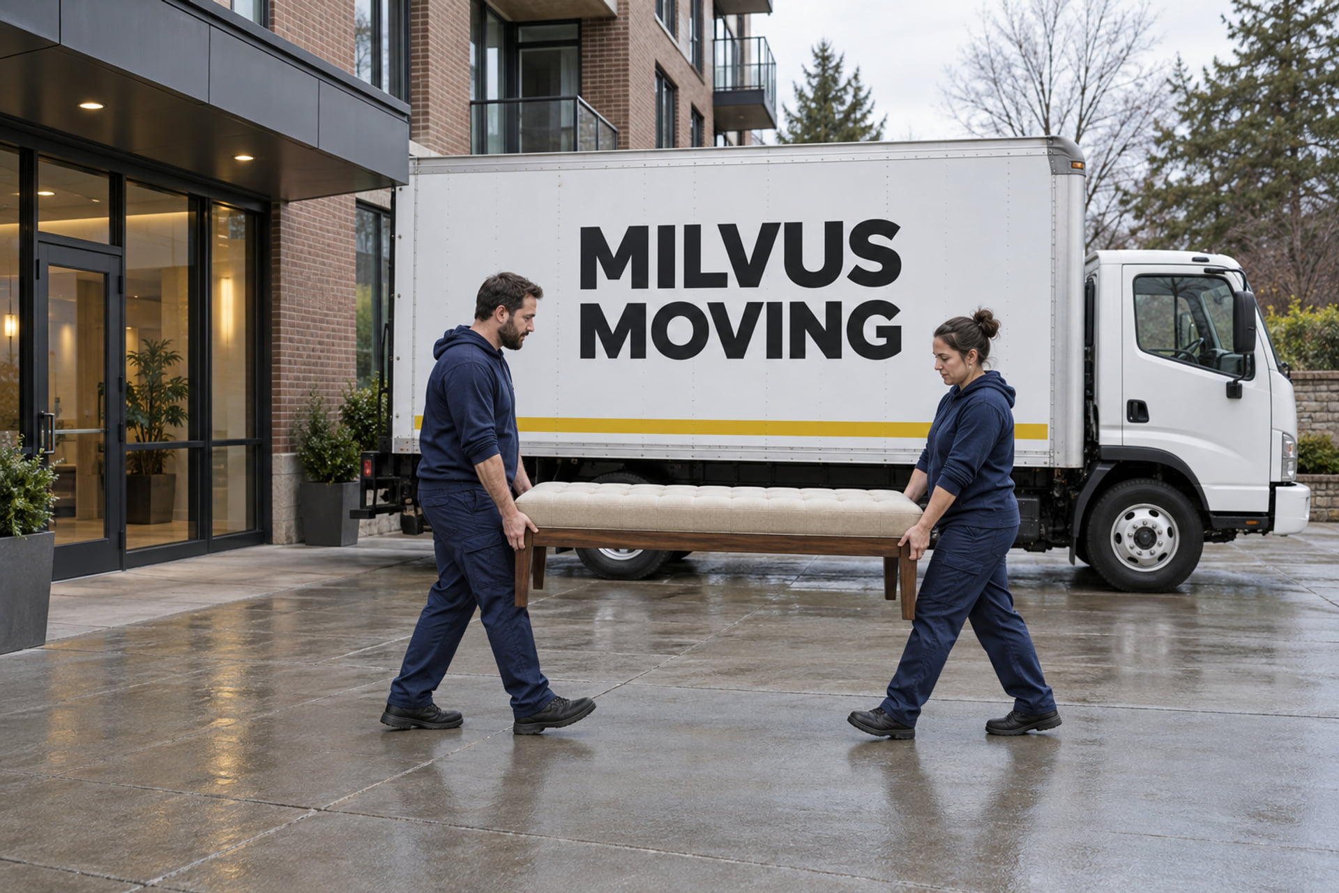 Movers carrying protected furniture at a condo entrance