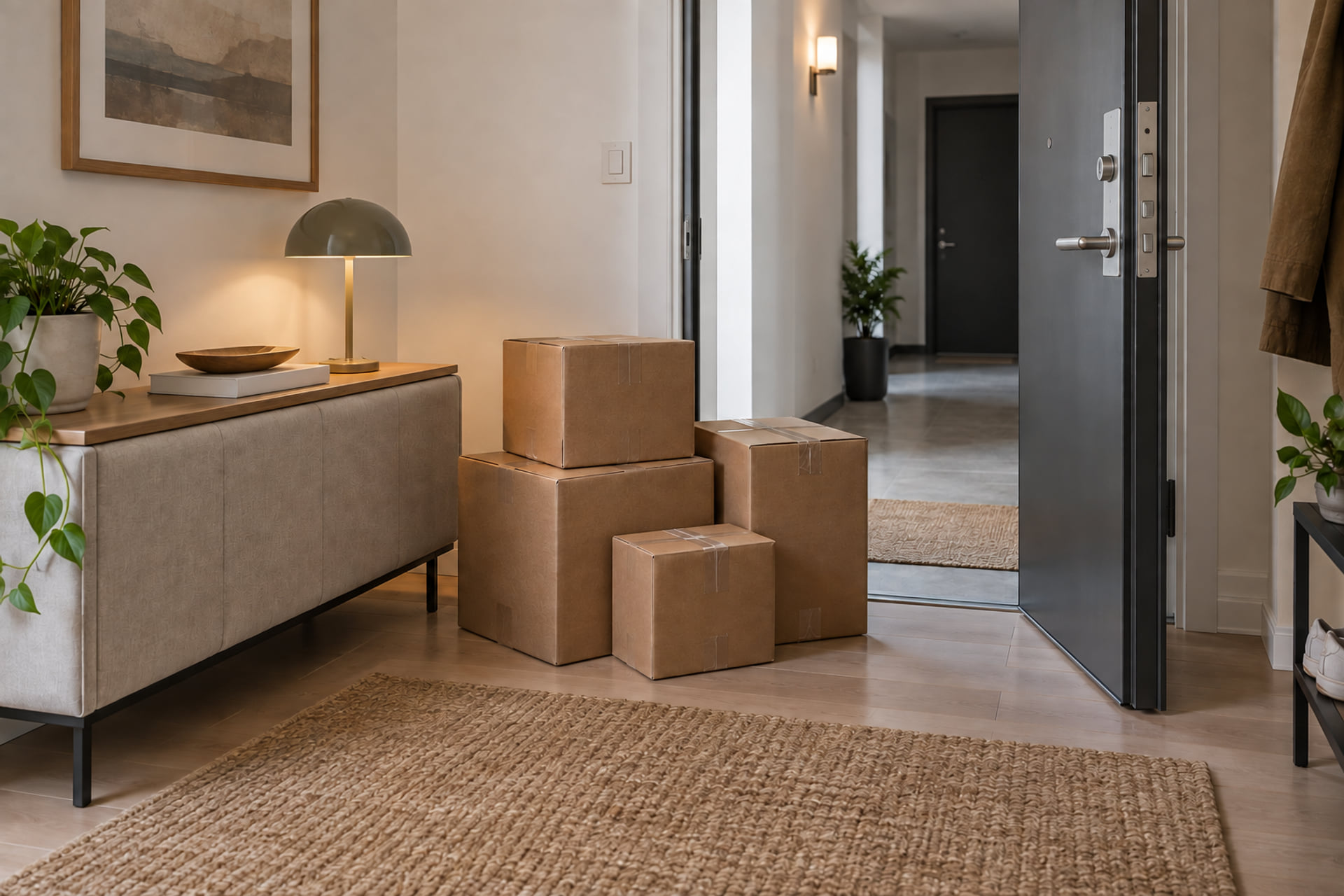 Packed cartons and furniture ready inside an apartment