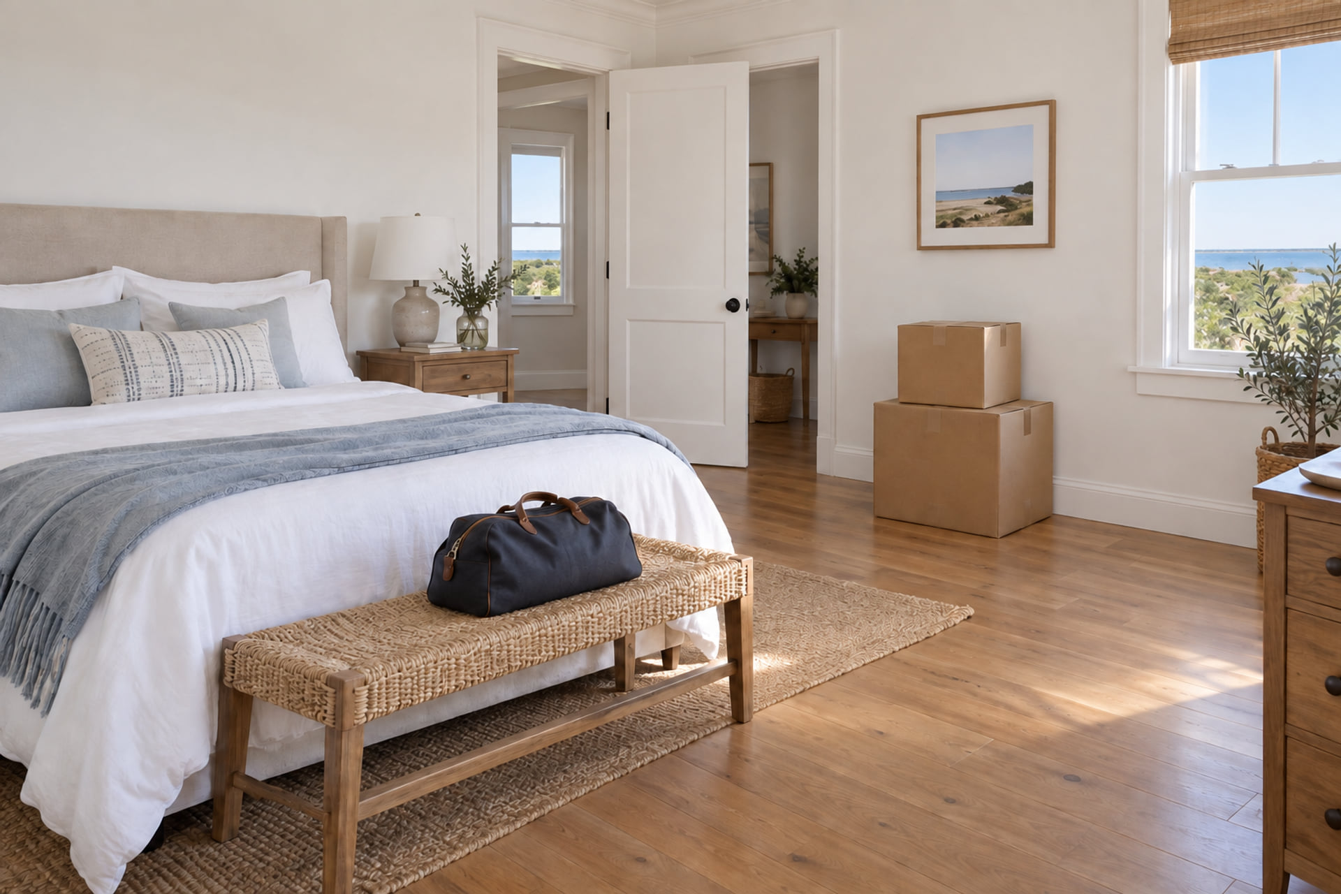 A bedroom prepared for furniture and carton placement