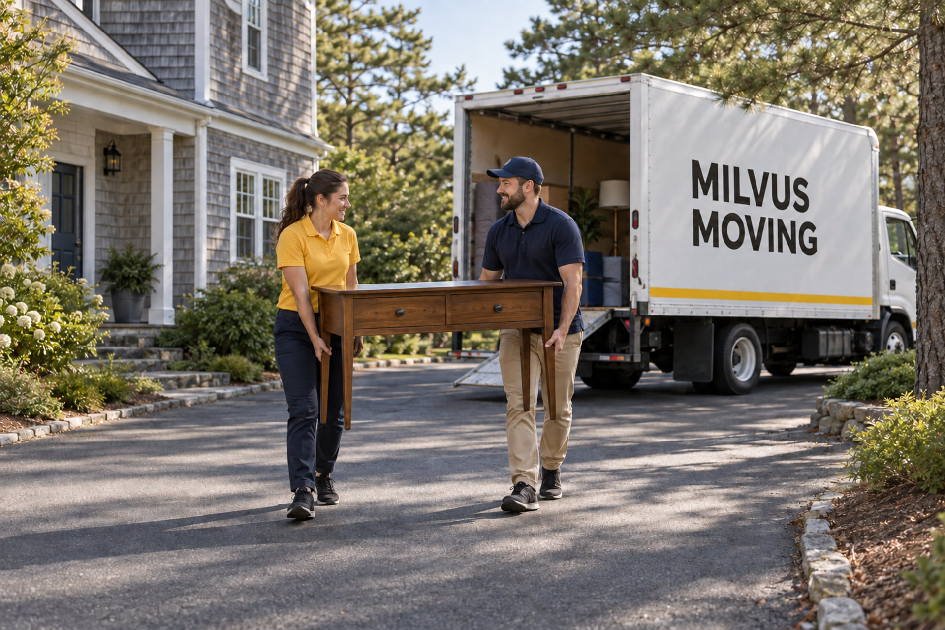 Movers delivering protected furniture beside a shingle home