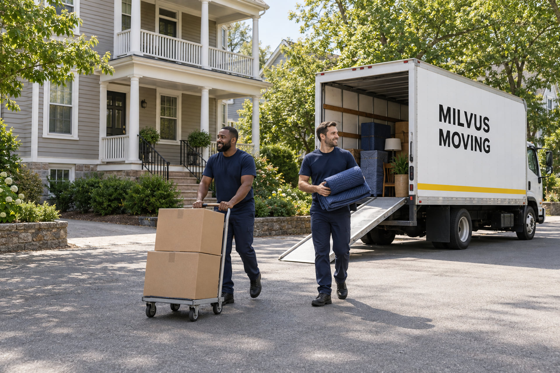 Movers preparing a household load outside a Boston home