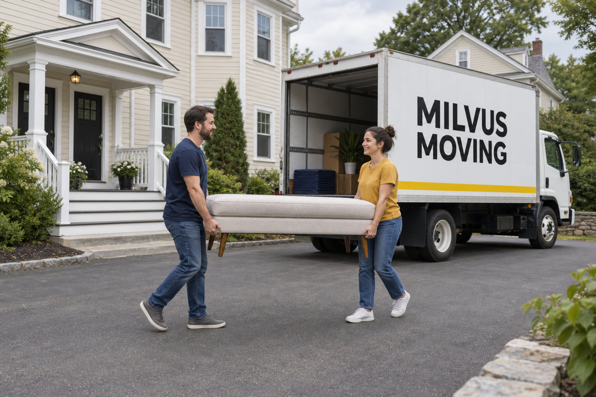 Movers carrying a protected bench by a two-family house