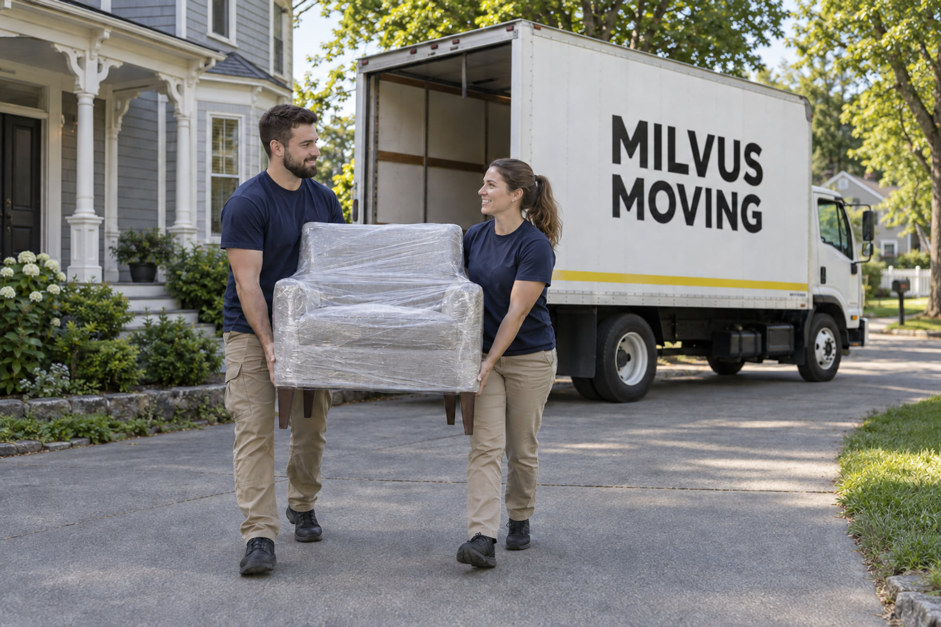 Movers carrying a protected chair outside a Victorian-style home