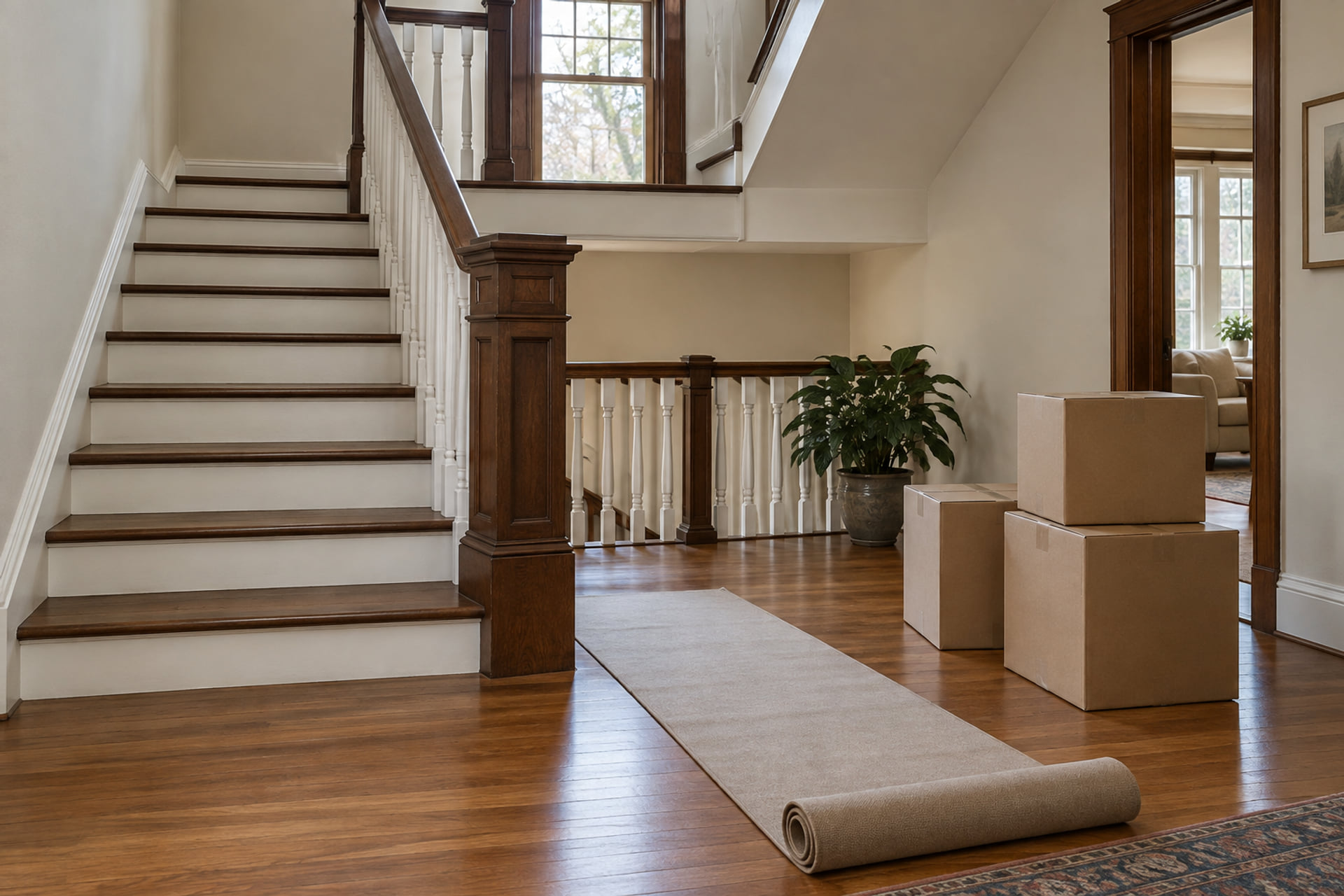 A clear stair landing in an older home